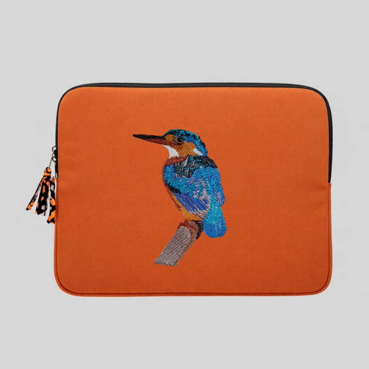 Malachite Kingfisher embroidered 13 to 14 inch laptop sleeve in warm earthy cotton canvas. — view 2