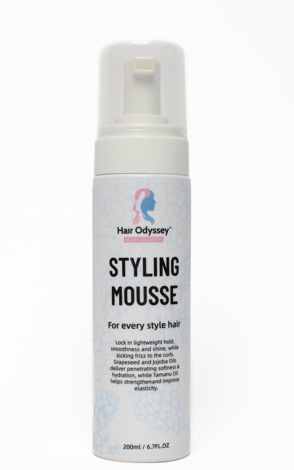 Hair Odyssey styling mousse dispenser bottle showcasing lightweight strong hold formula with botanical oils — view 2