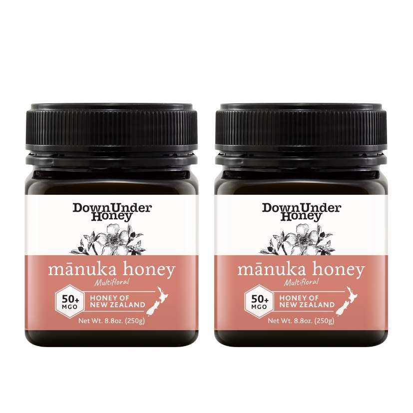 MGO 50+ Multifloral Manuka Honey two pack in 8.8oz glass jars with smooth amber texture