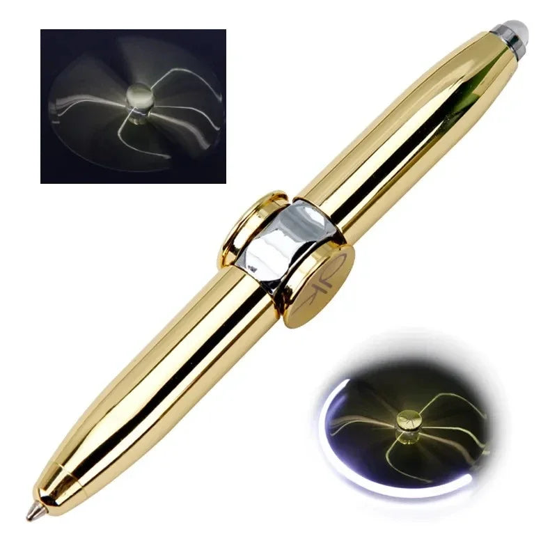 Multifunctional luminous fidget spinner pen in sleek metallic finish featuring integrated glowing LED light