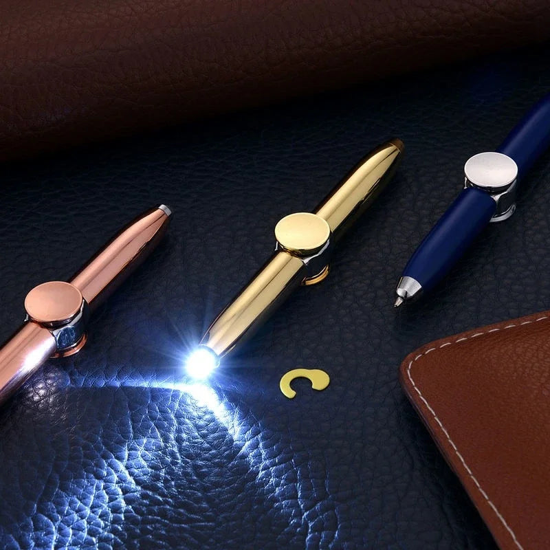 Multifunctional luminous fidget spinner pen in sleek metallic finish featuring integrated glowing LED light — view 3