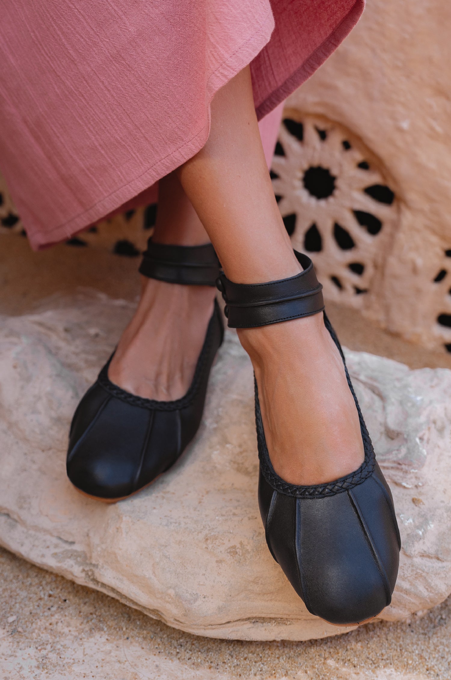 Black genuine leather ankle strap ballet flats with back zipper and elegant ankle cuff