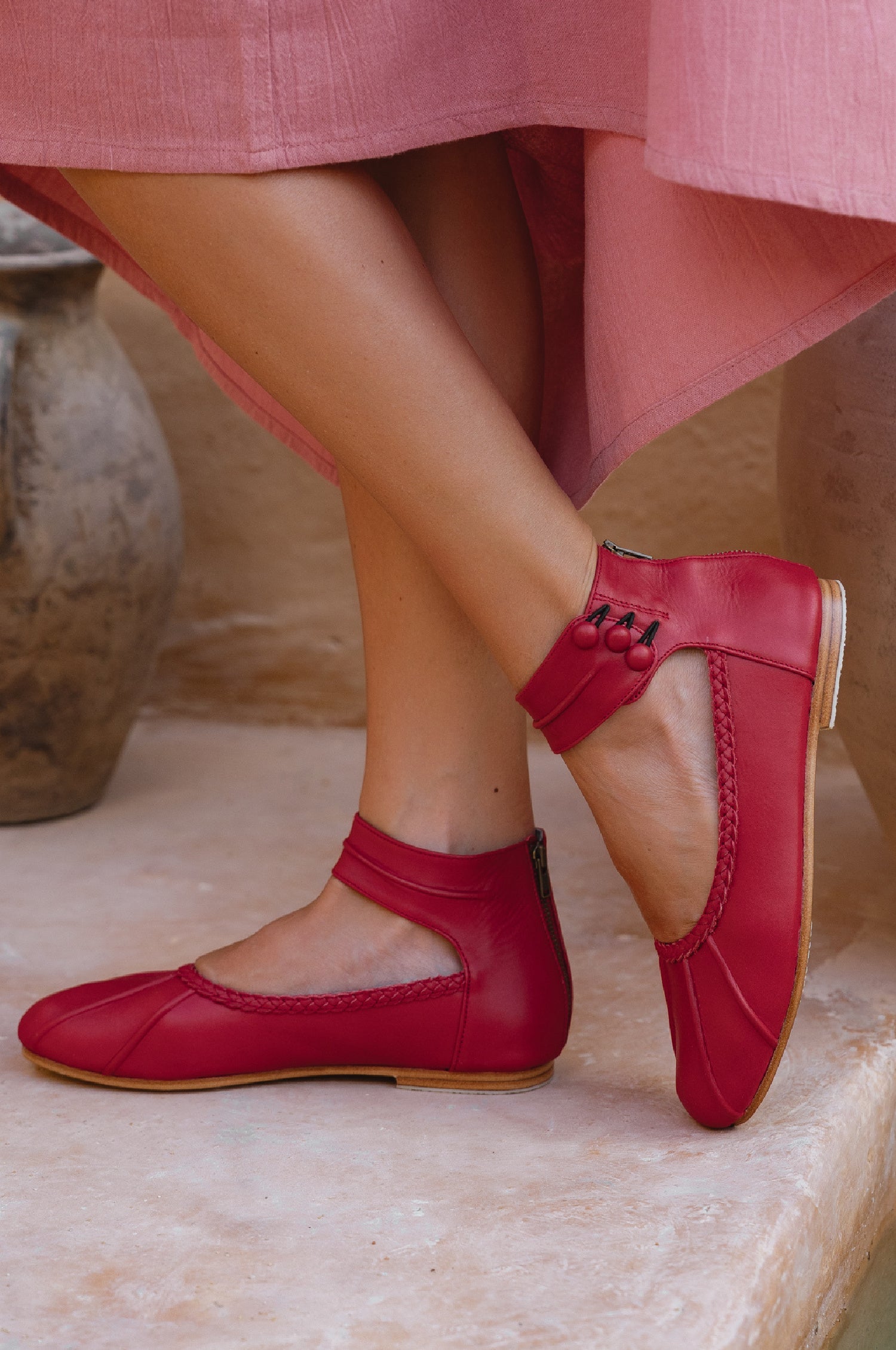 Muse red genuine leather ankle strap ballet flats with back zipper and anti slip rubber soles