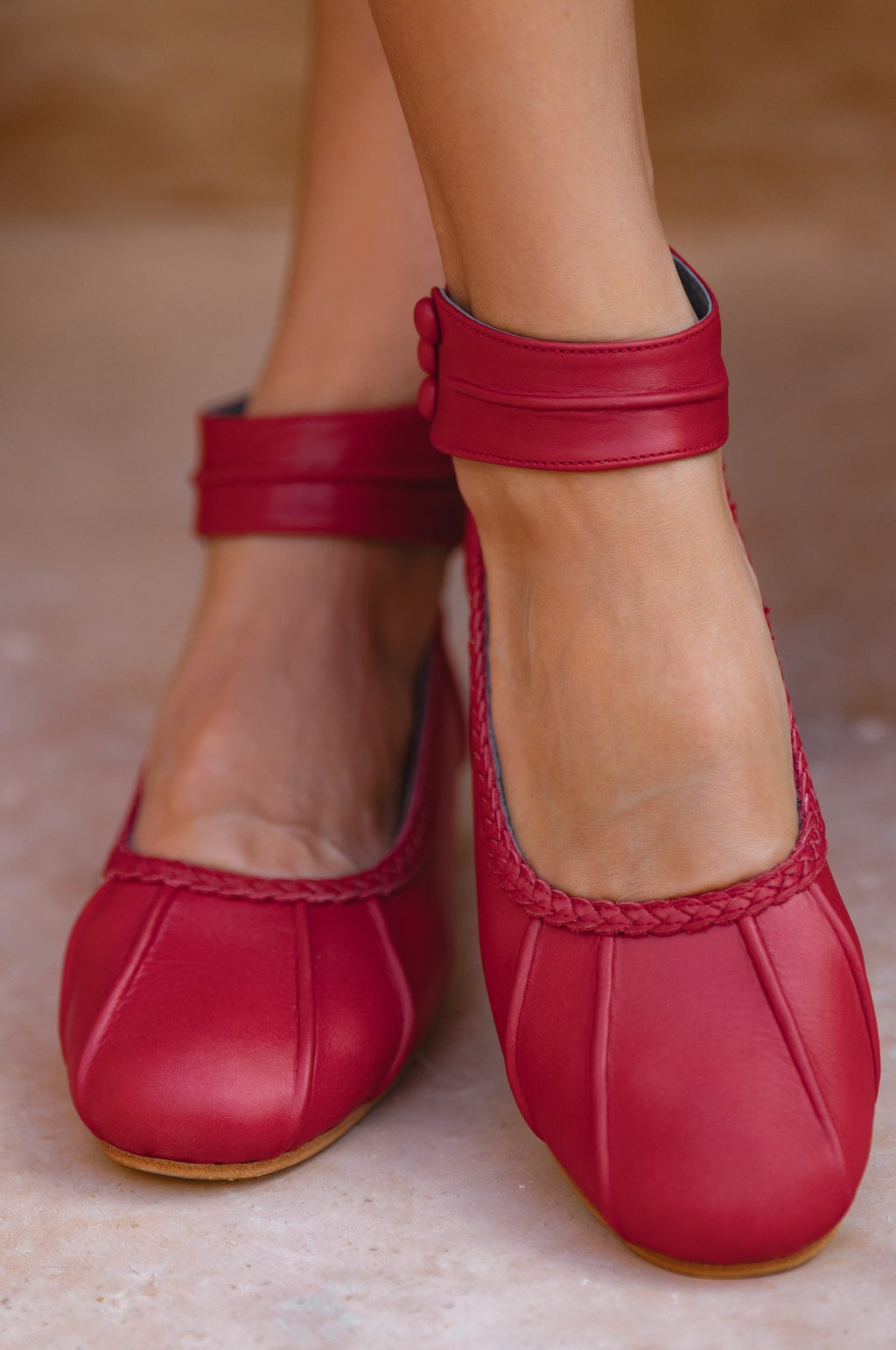 Muse red genuine leather ankle strap ballet flats with back zipper and anti slip rubber soles — view 2