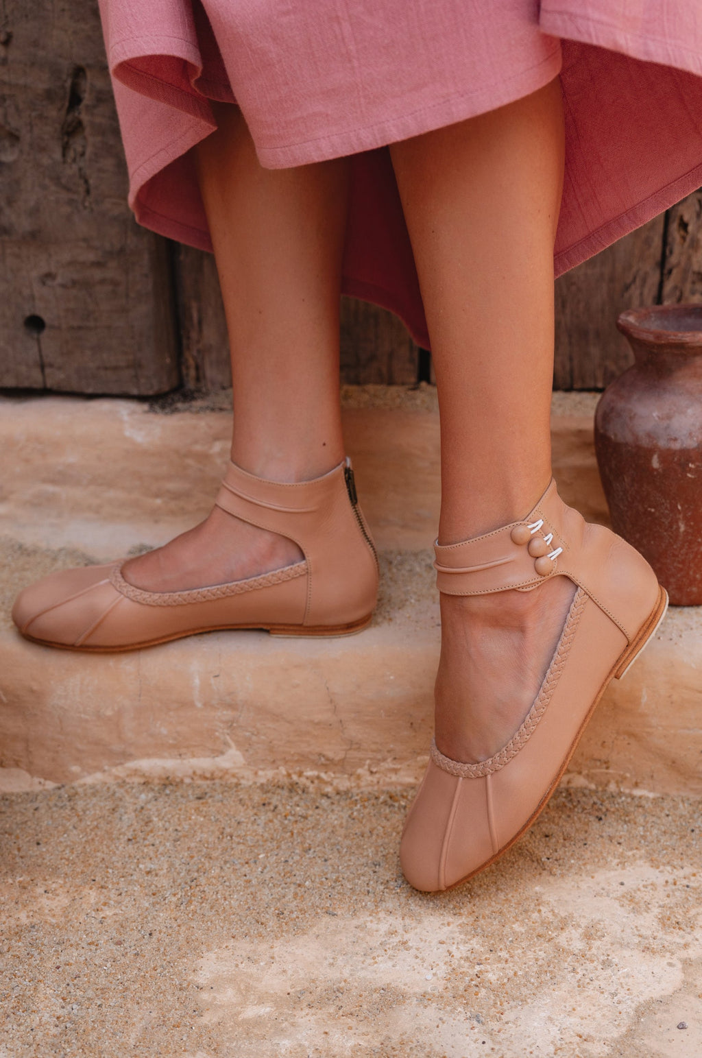 Beige genuine leather ankle strap ballet flats with back zipper and rubber sole — view 2