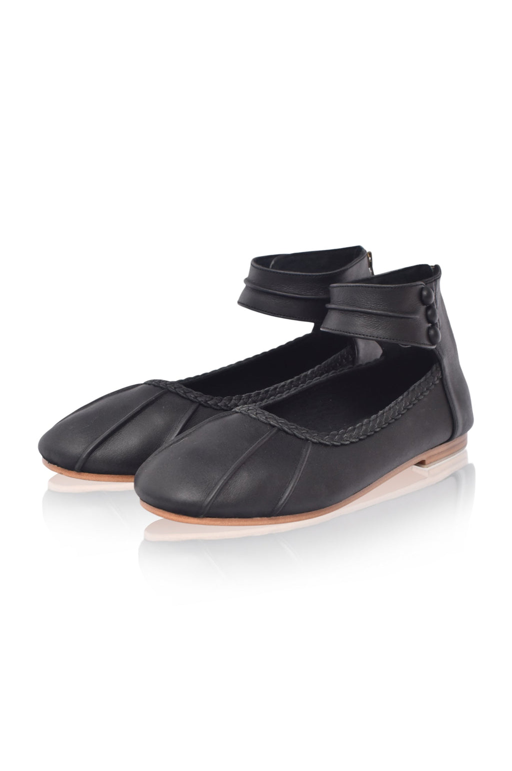 Black genuine leather ankle strap ballet flats with back zipper and elegant ankle cuff — view 3