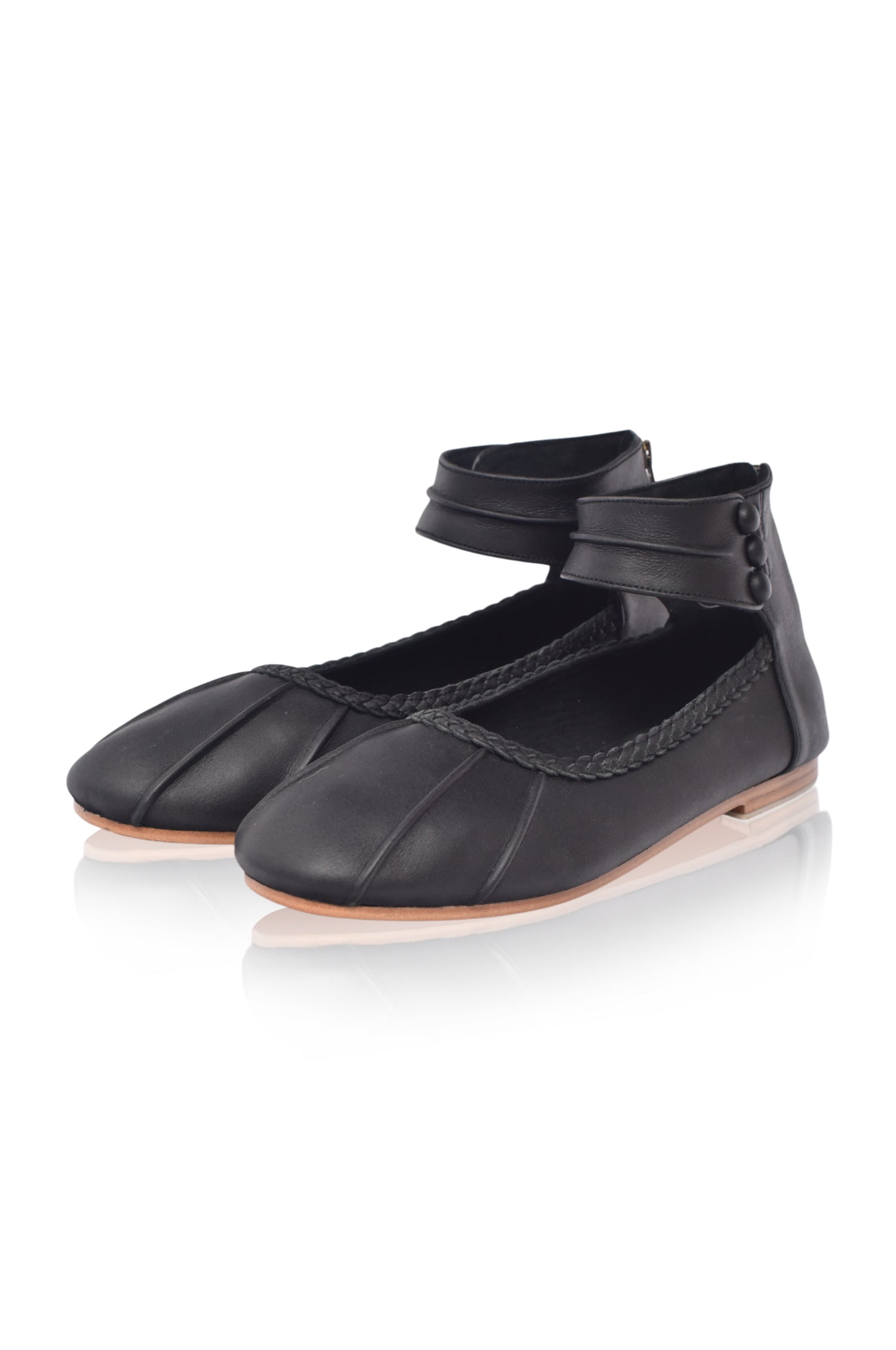 Black genuine leather ankle strap ballet flats with back zipper and elegant ankle cuff — view 3