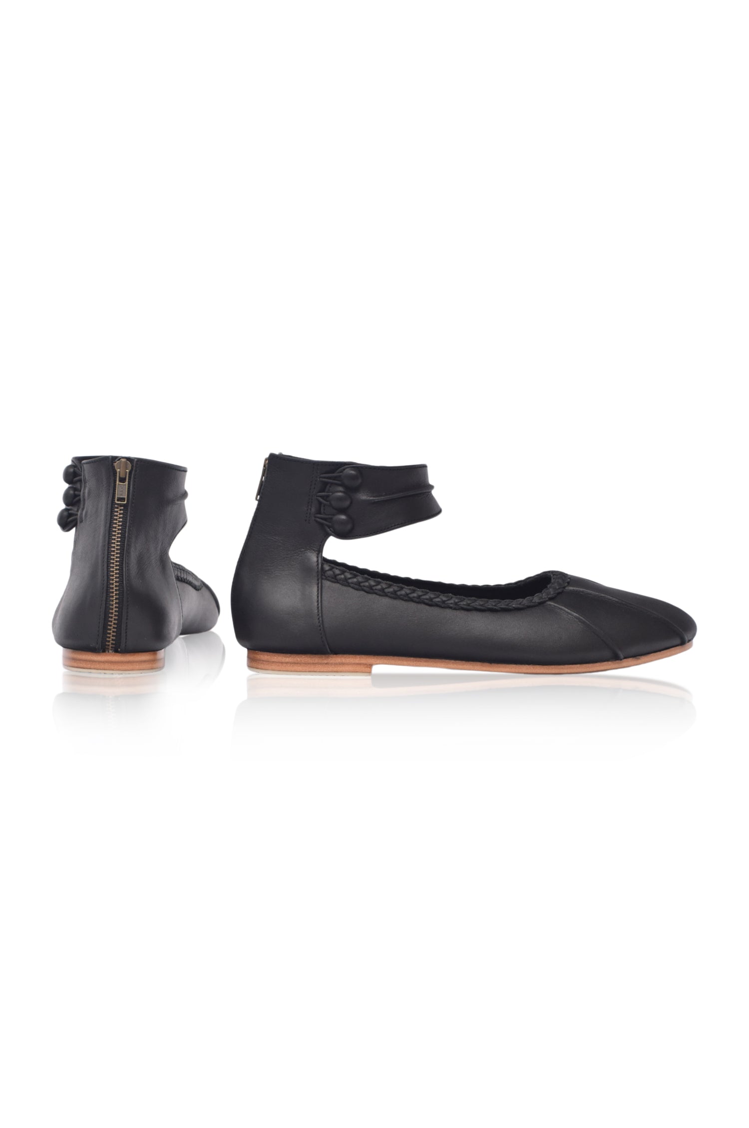 Black genuine leather ankle strap ballet flats with back zipper and elegant ankle cuff — view 4