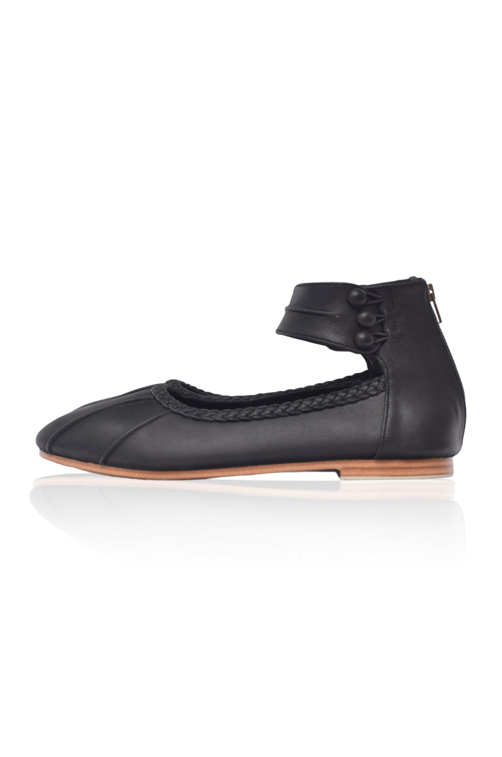 Black genuine leather ankle strap ballet flats with back zipper and elegant ankle cuff — view 2