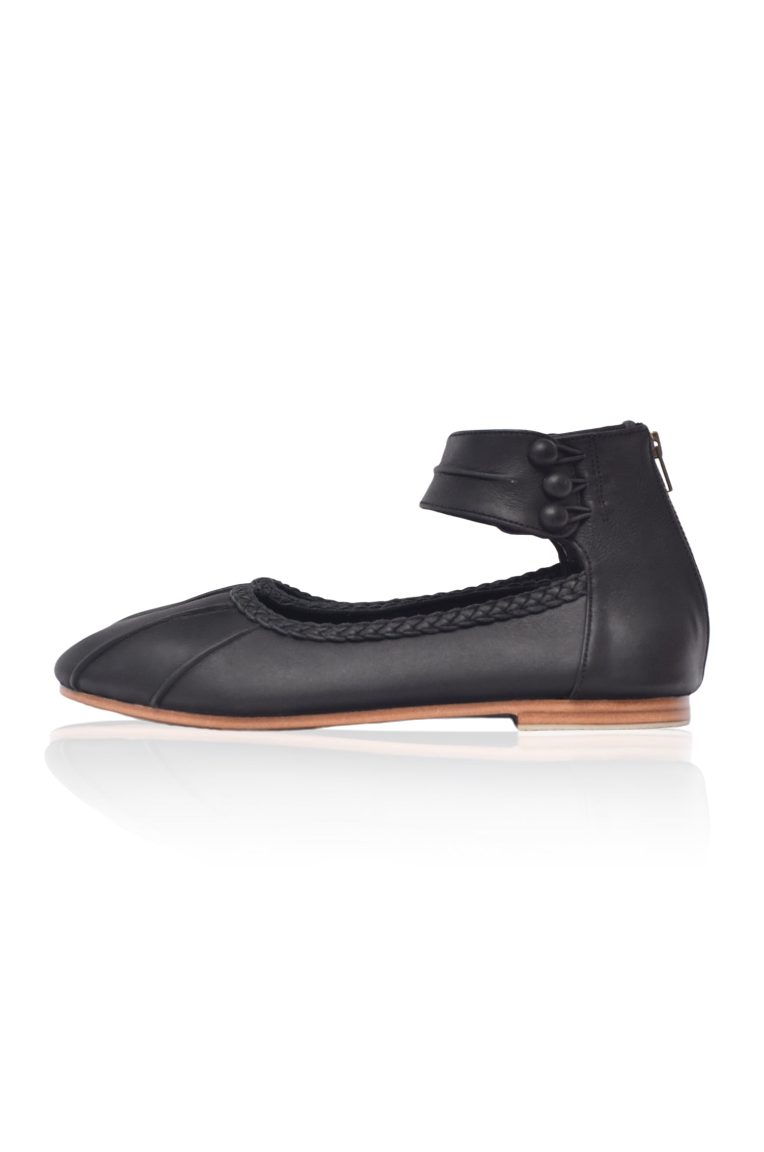Black genuine leather ankle strap ballet flats with back zipper and elegant ankle cuff — view 2