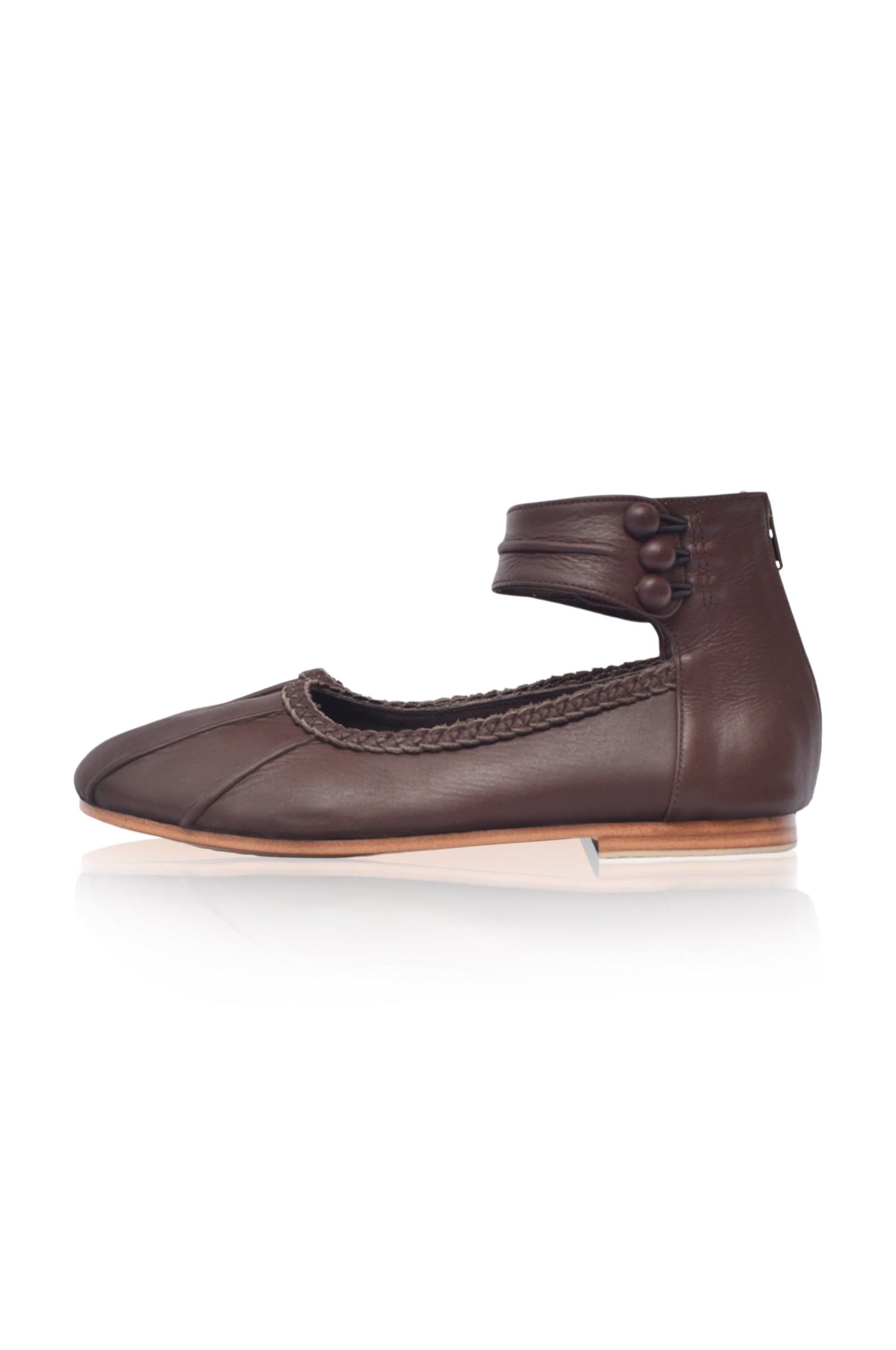 Muse ankle strap leather ballet flats in brown with back zipper and rubber outsole. — view 4
