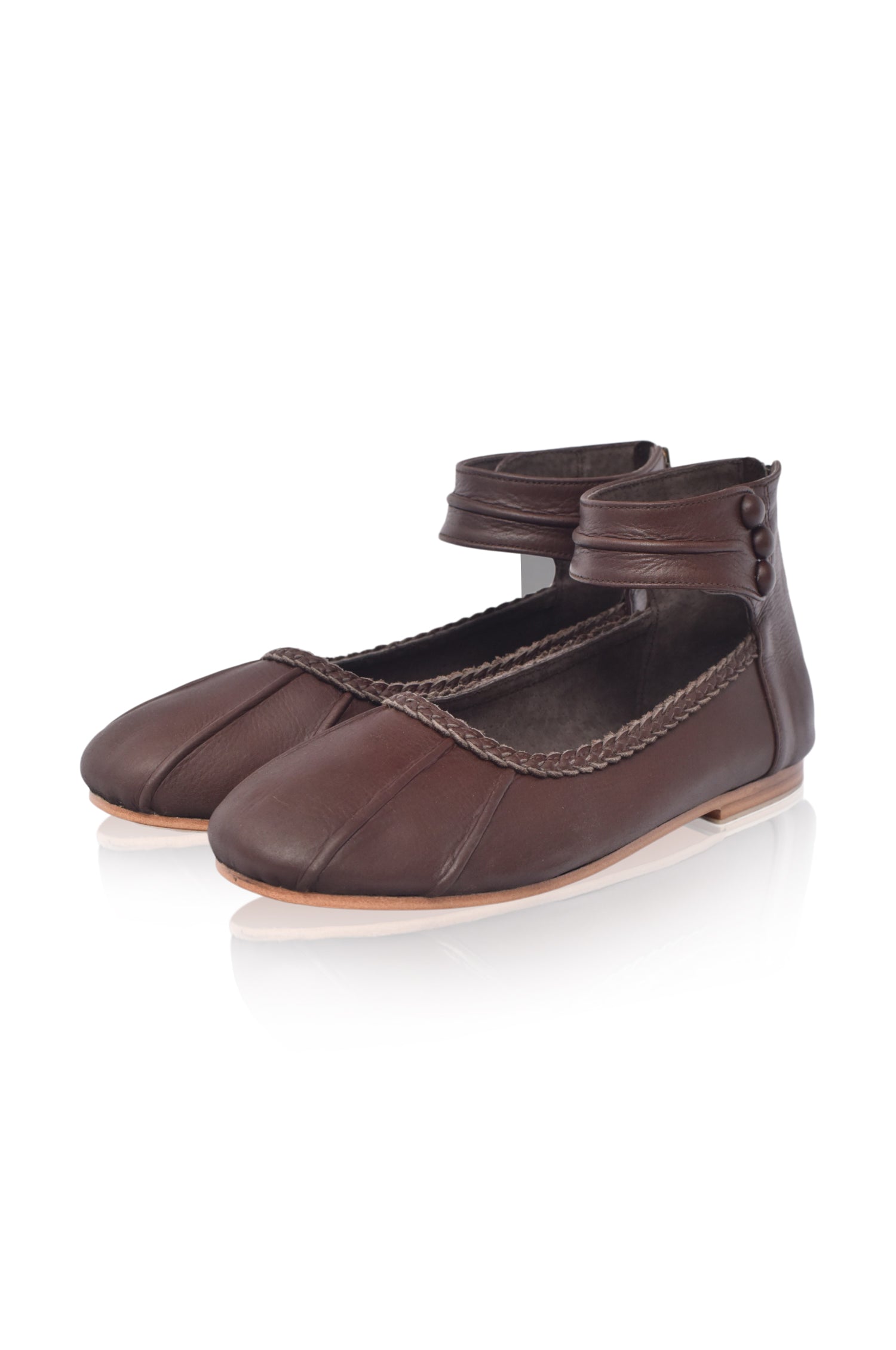 Muse ankle strap leather ballet flats in brown with back zipper and rubber outsole. — view 2