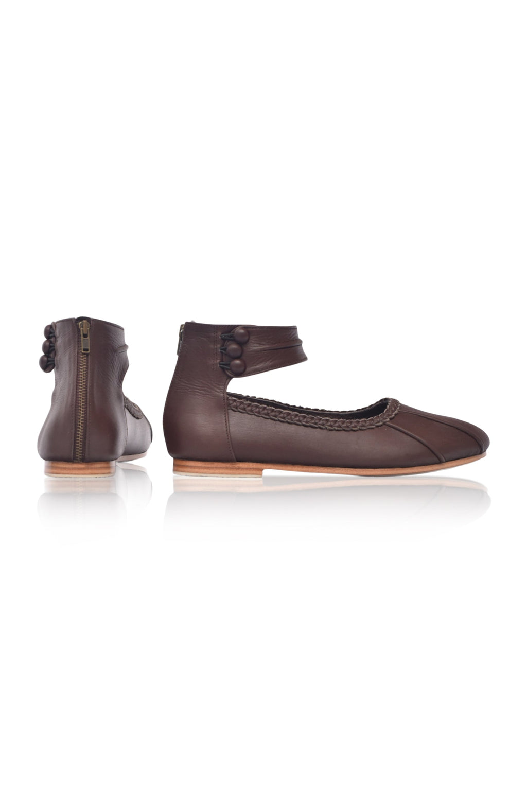 Muse ankle strap leather ballet flats in brown with back zipper and rubber outsole. — view 3