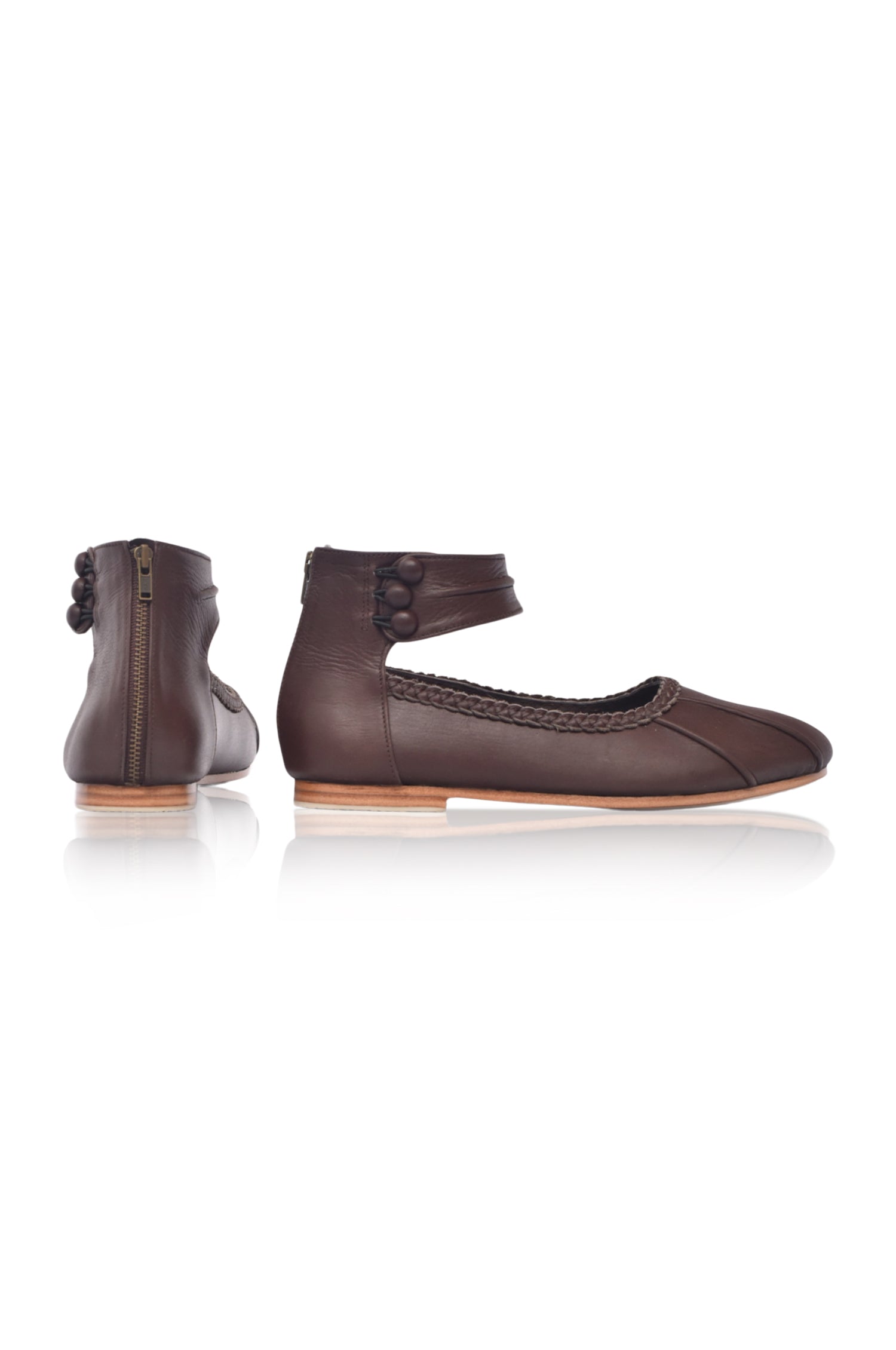 Muse ankle strap leather ballet flats in brown with back zipper and rubber outsole. — view 3