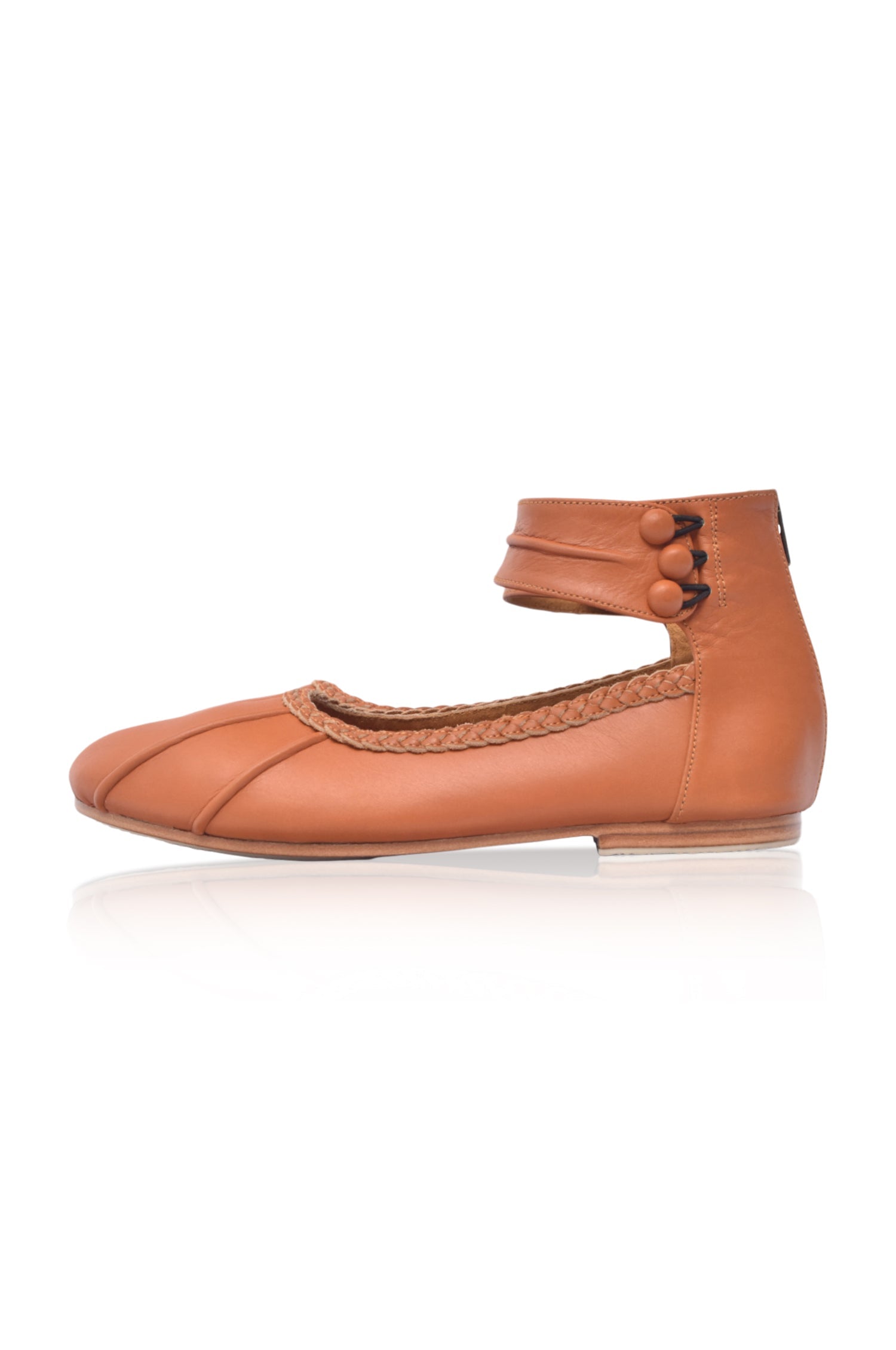 Tan genuine leather ballet flats with ankle strap cuff and back zipper on a white background — view 5