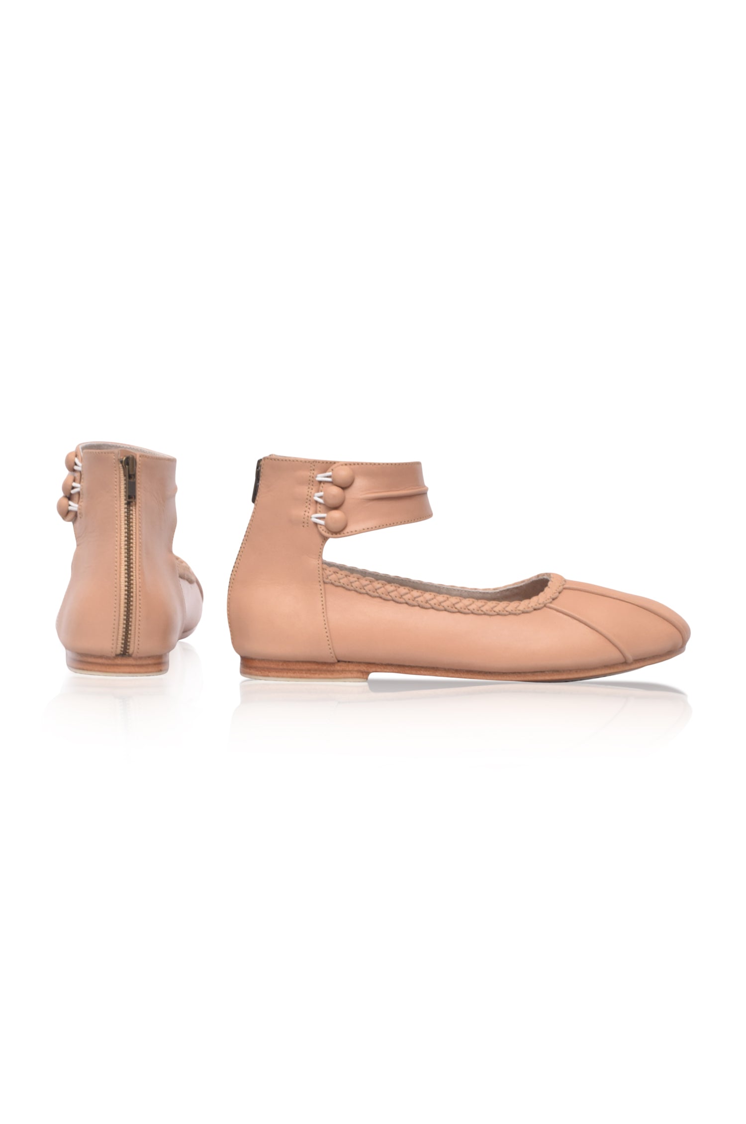 Beige genuine leather ankle strap ballet flats with back zipper and rubber sole — view 5