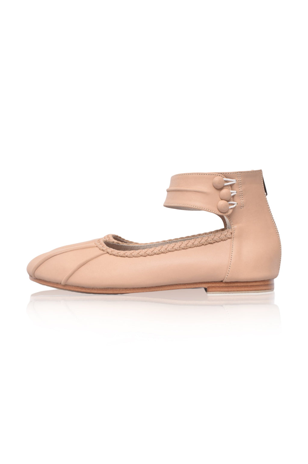 Neutral leather ankle strap ballet flats with cuff back zipper and anti slip outsole — view 3