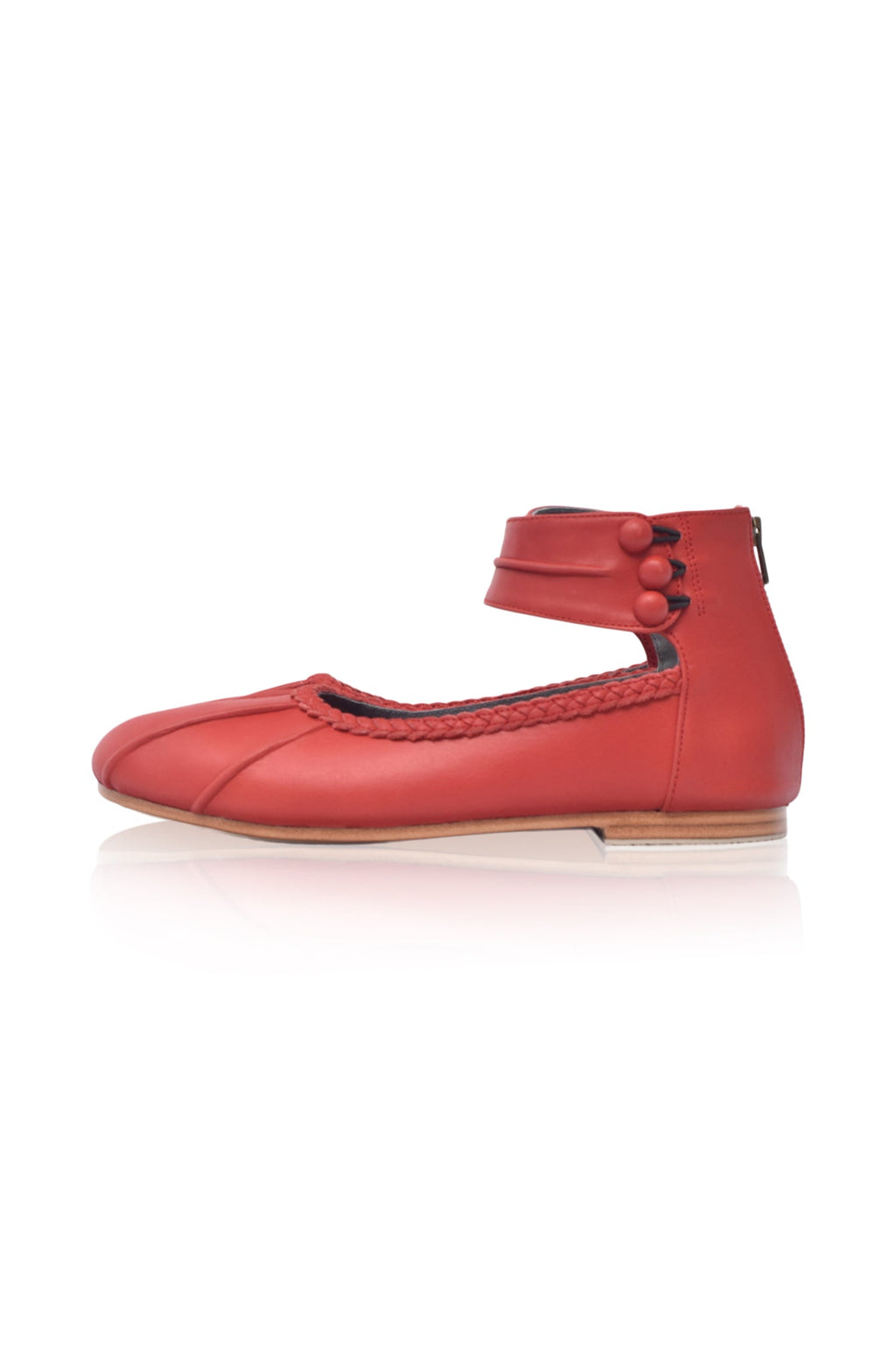 Muse red genuine leather ankle strap ballet flats with back zipper and anti slip rubber soles — view 3