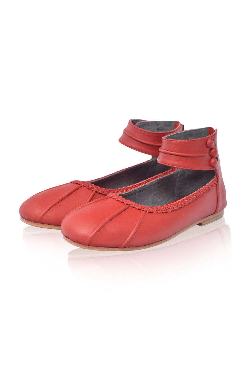 Muse red genuine leather ankle strap ballet flats with back zipper and anti slip rubber soles — view 4