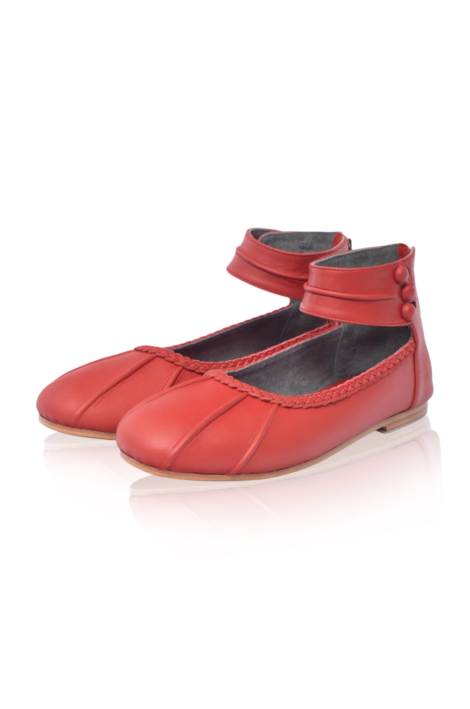 Muse red genuine leather ankle strap ballet flats with back zipper and anti slip rubber soles — view 4