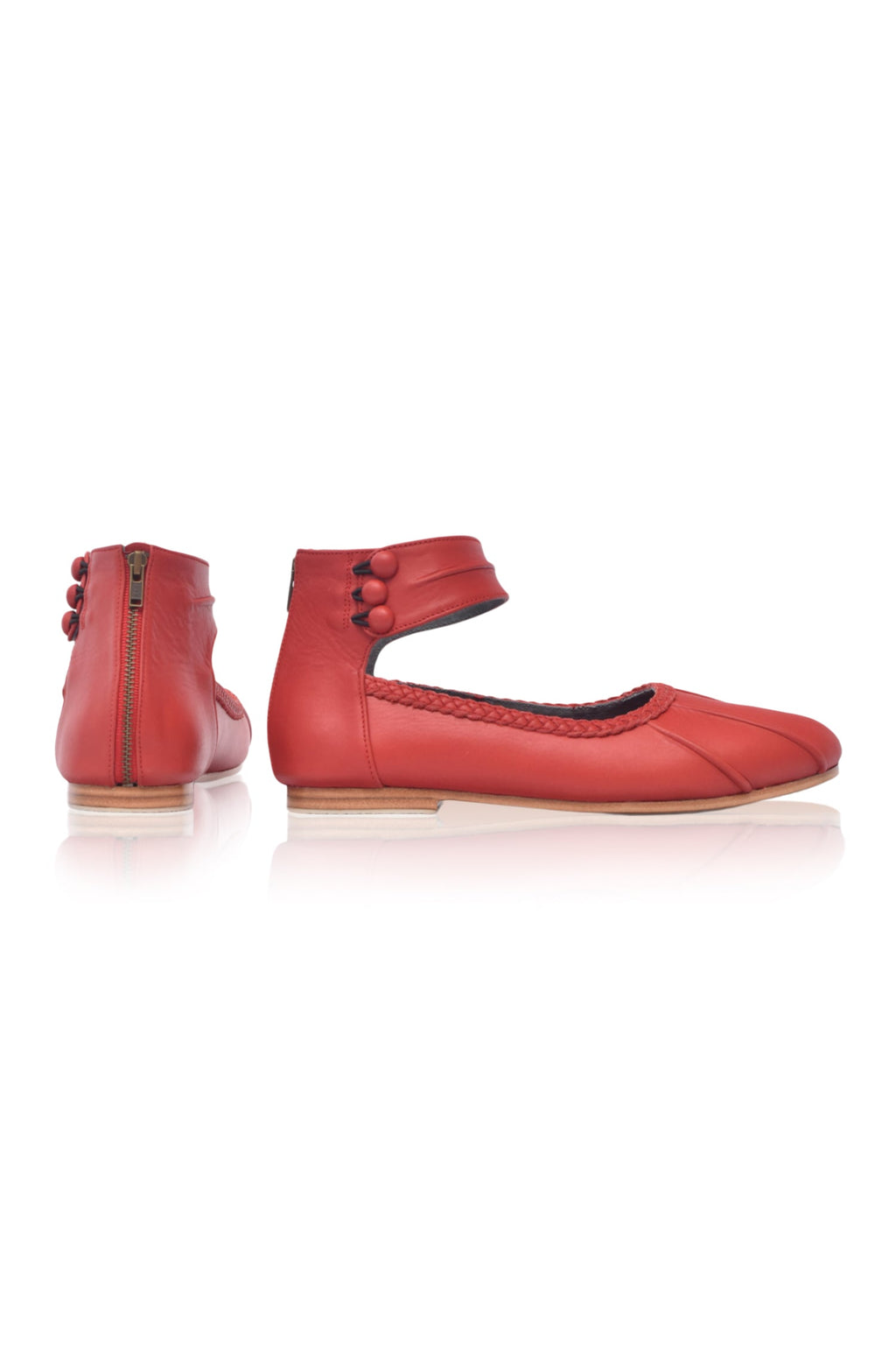 Muse red genuine leather ankle strap ballet flats with back zipper and anti slip rubber soles — view 5