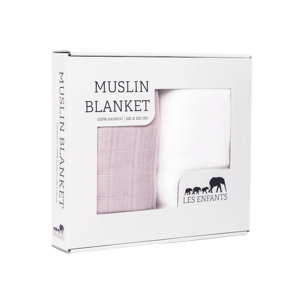 Rose and white bamboo muslin baby blanket duo in elegant premium gift box packaging