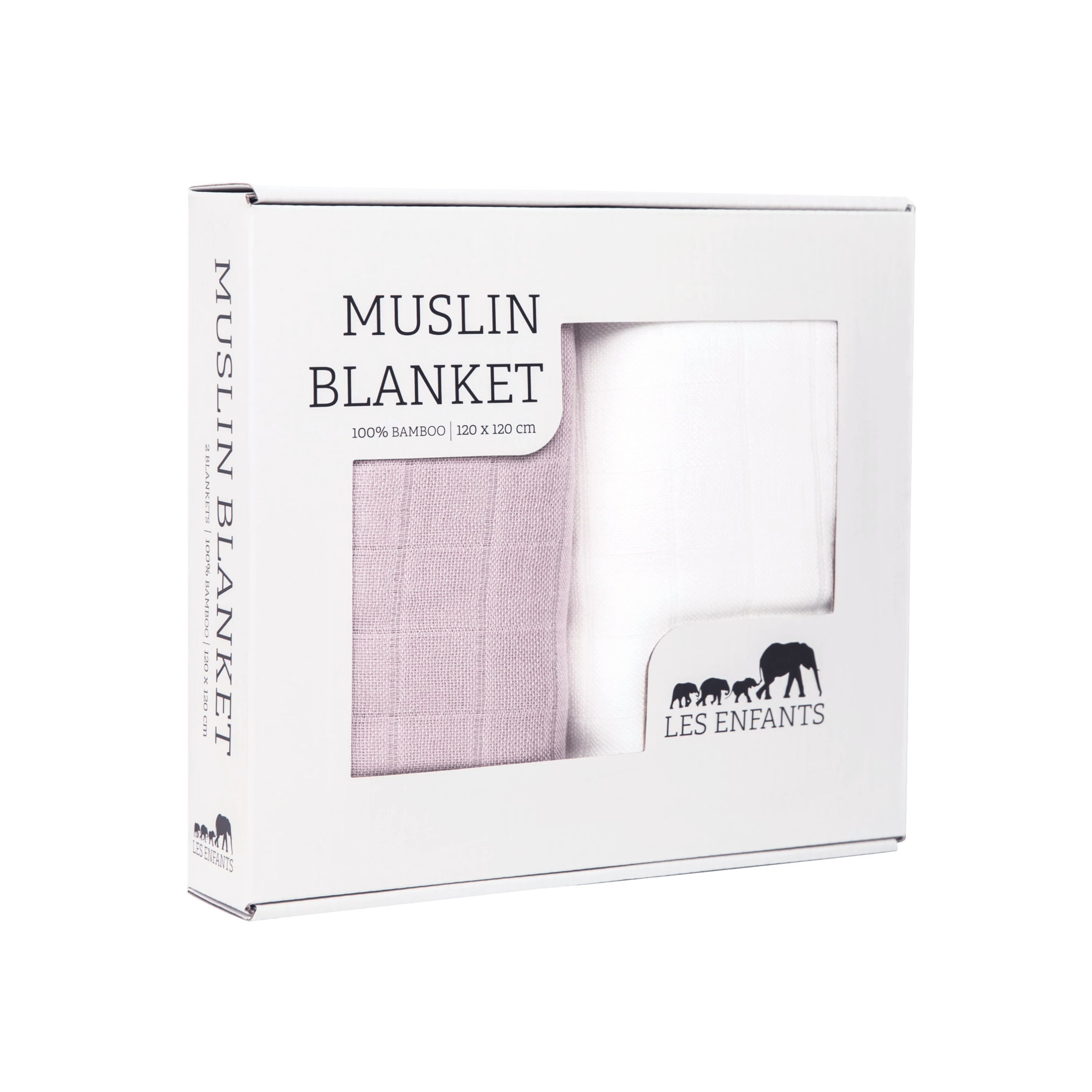 Rose and white bamboo muslin baby blanket duo in elegant premium gift box packaging