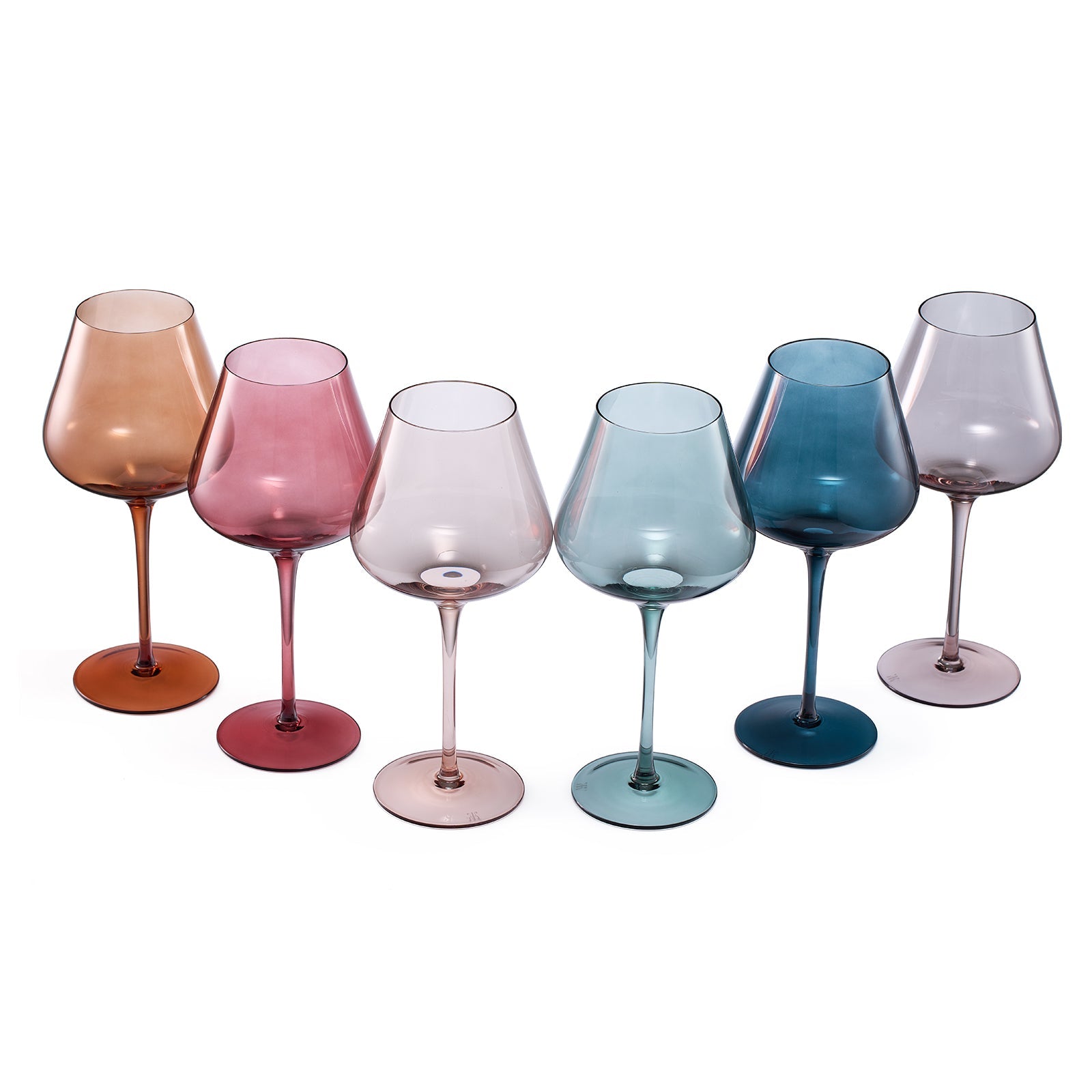Six pastel colored crystal 20oz wine glasses featuring elegant stems in various muted tones — view 5