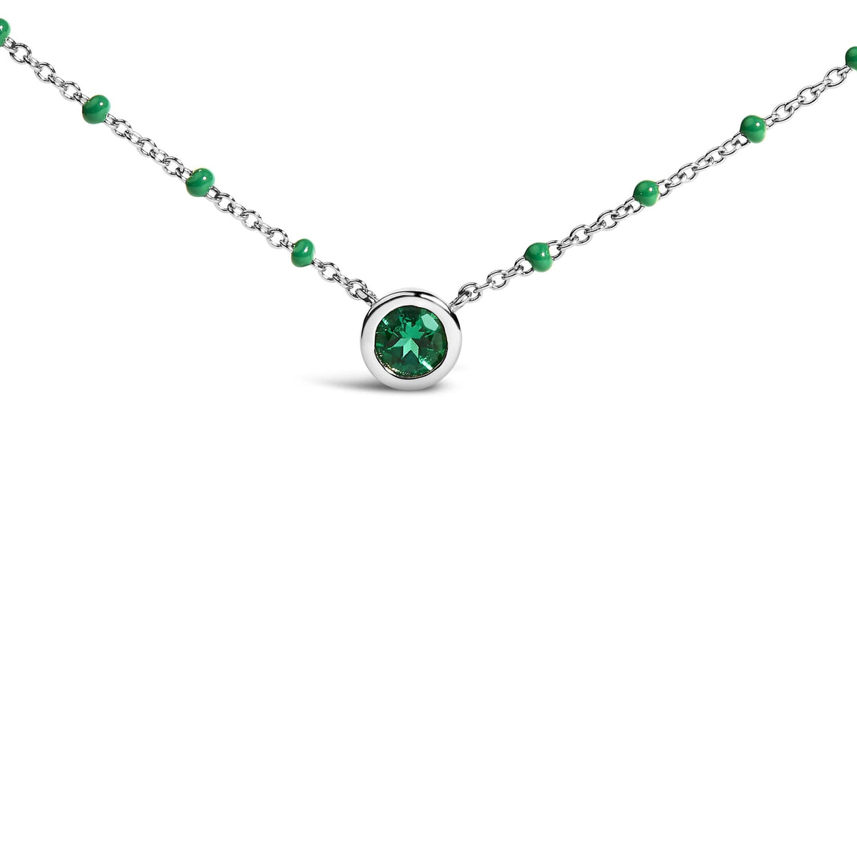 Sterling Silver Lab Created Emerald Bead Chain Necklace-1