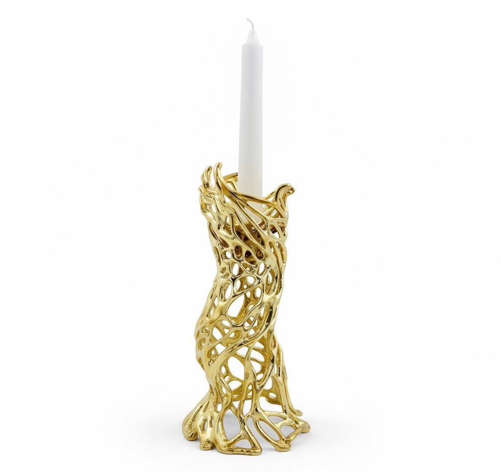 Roots sculptural electro-formed metal taper candle holder in gold silver or antique finish — view 2