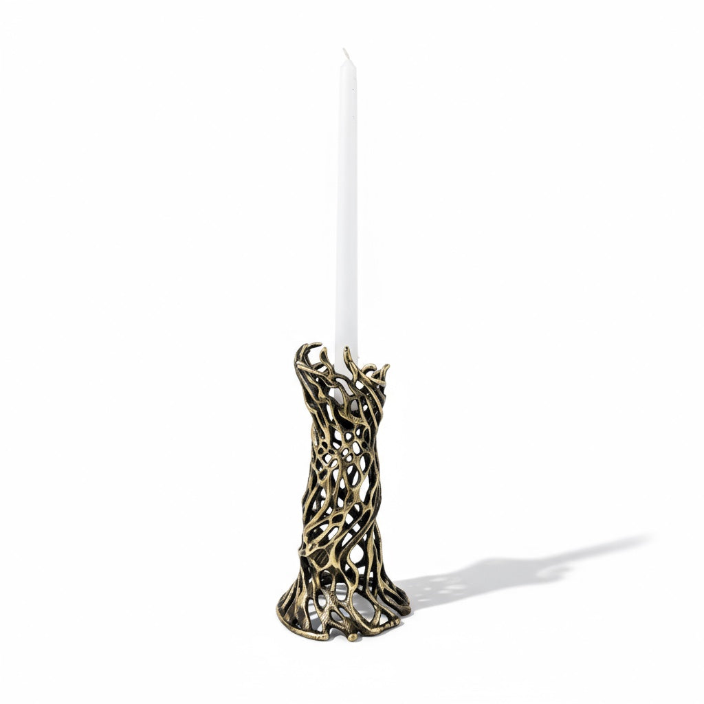 Roots sculptural electro-formed metal taper candle holder in gold silver or antique finish — view 5