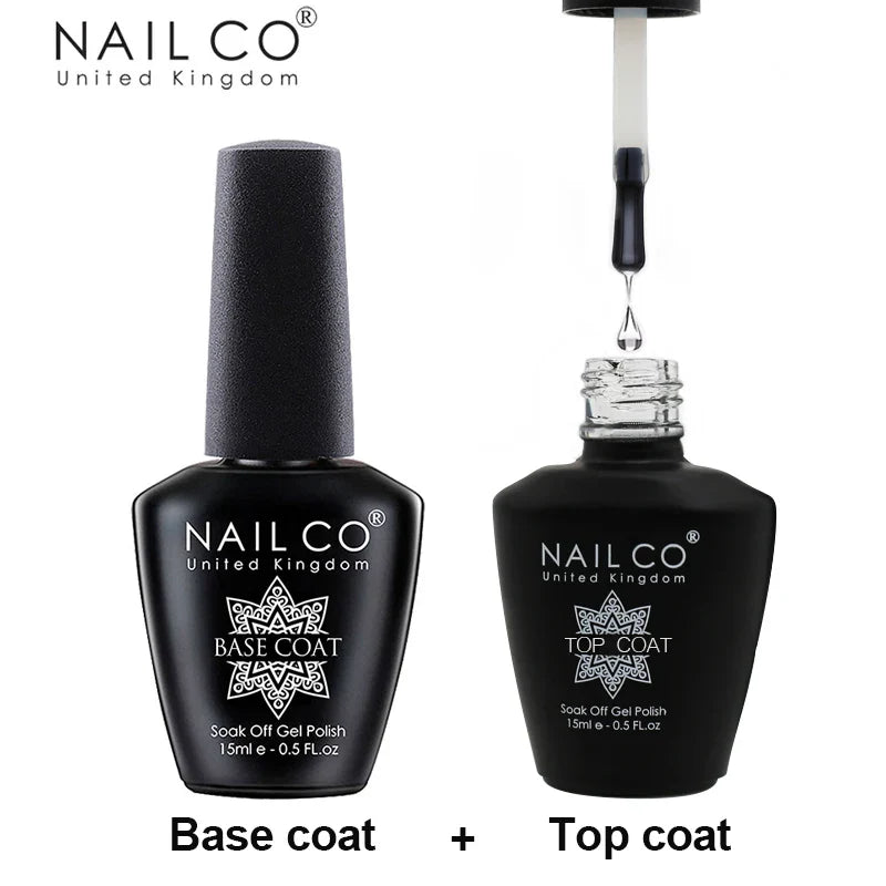 NAILCO 15ml UV gel top coat and base coat set bottles for glossy long-lasting manicures