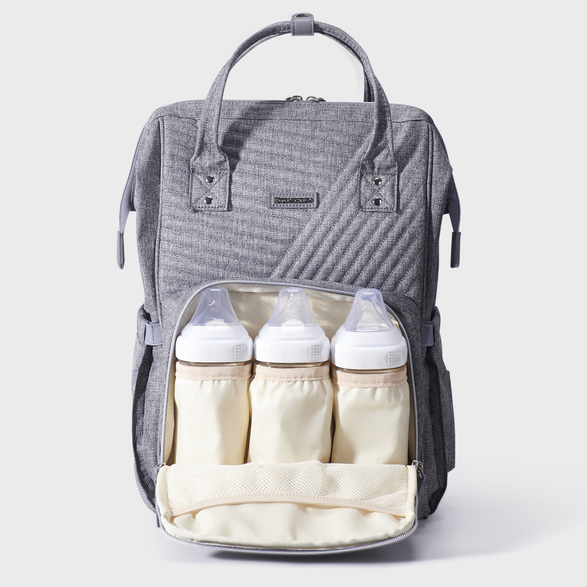 Quilted diaper bag backpack in waterproof oxford fabric with portable changing pad and stroller straps — view 2