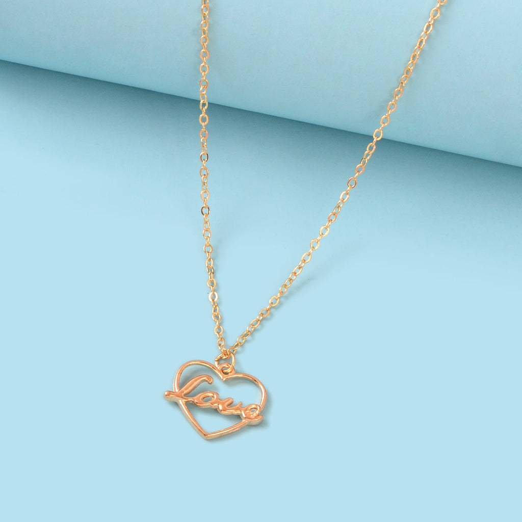 Gold-tone LOVE letter pendant necklace with a delicate heart motif on a classic link chain — view 2