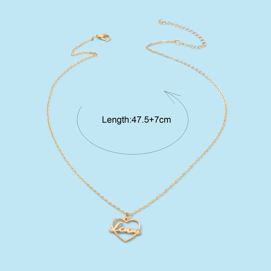 Gold-tone LOVE letter pendant necklace with a delicate heart motif on a classic link chain — view 4