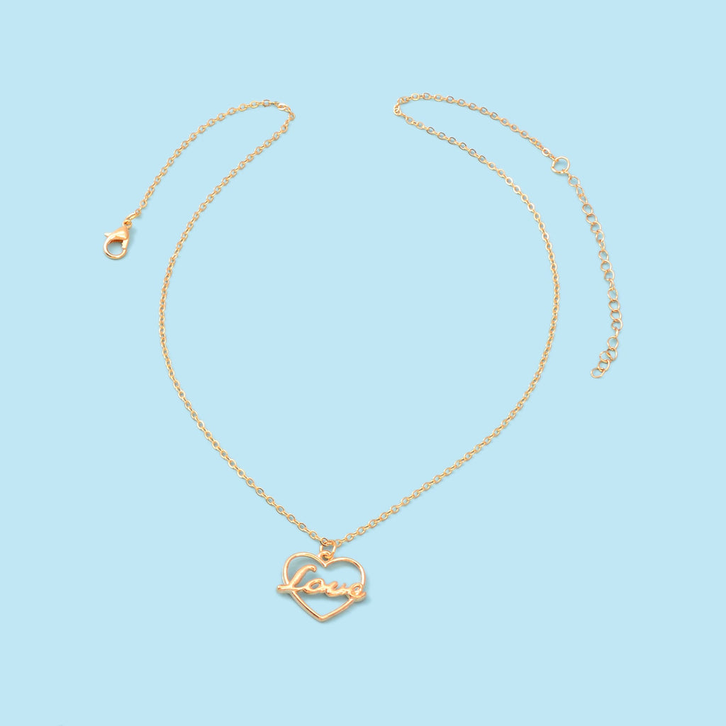 Gold-tone LOVE letter pendant necklace with a delicate heart motif on a classic link chain — view 5