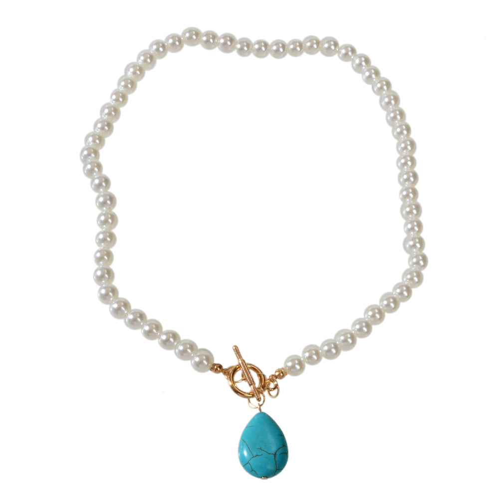 Retro Designer Bohemian Jewellery Simulated Pearl Chain Turquoise Charm Necklace-4