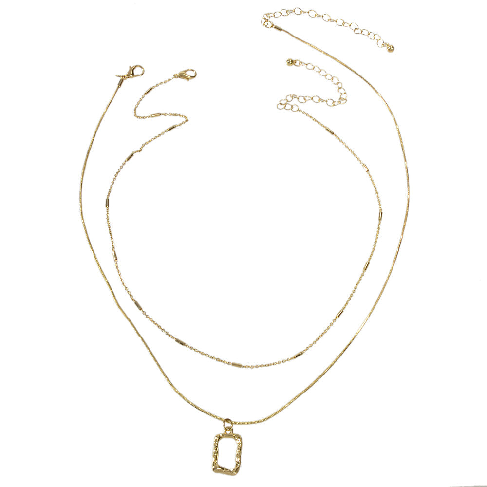 Minimalist square pendant layered necklace set with adjustable chain in metallic gold and silver finish — view 4