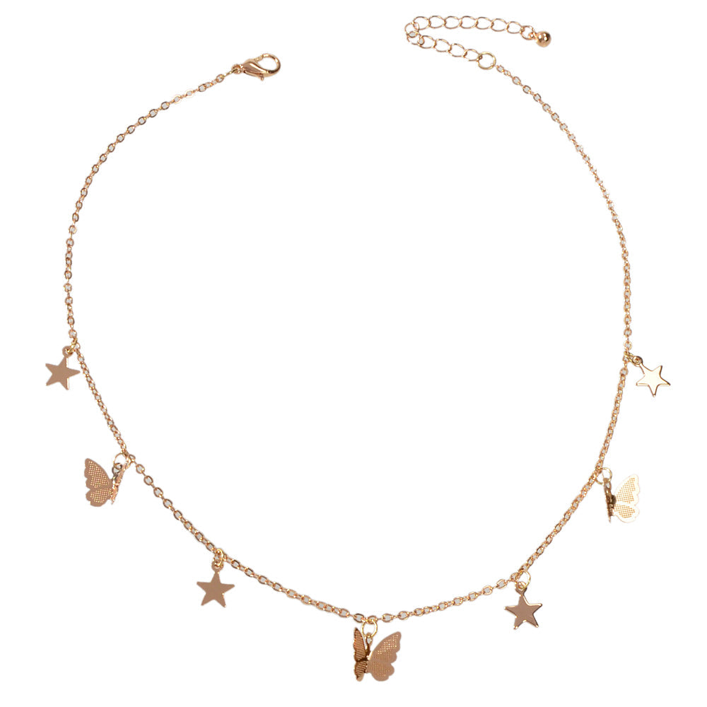 Gold chain collar necklace with delicate star and butterfly charms for women's party wear — view 4