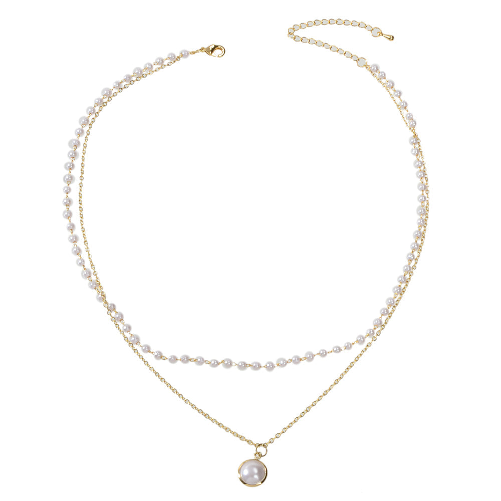 Retro gold double layer chain necklace featuring a classic lustrous pearl pendant for women — view 5