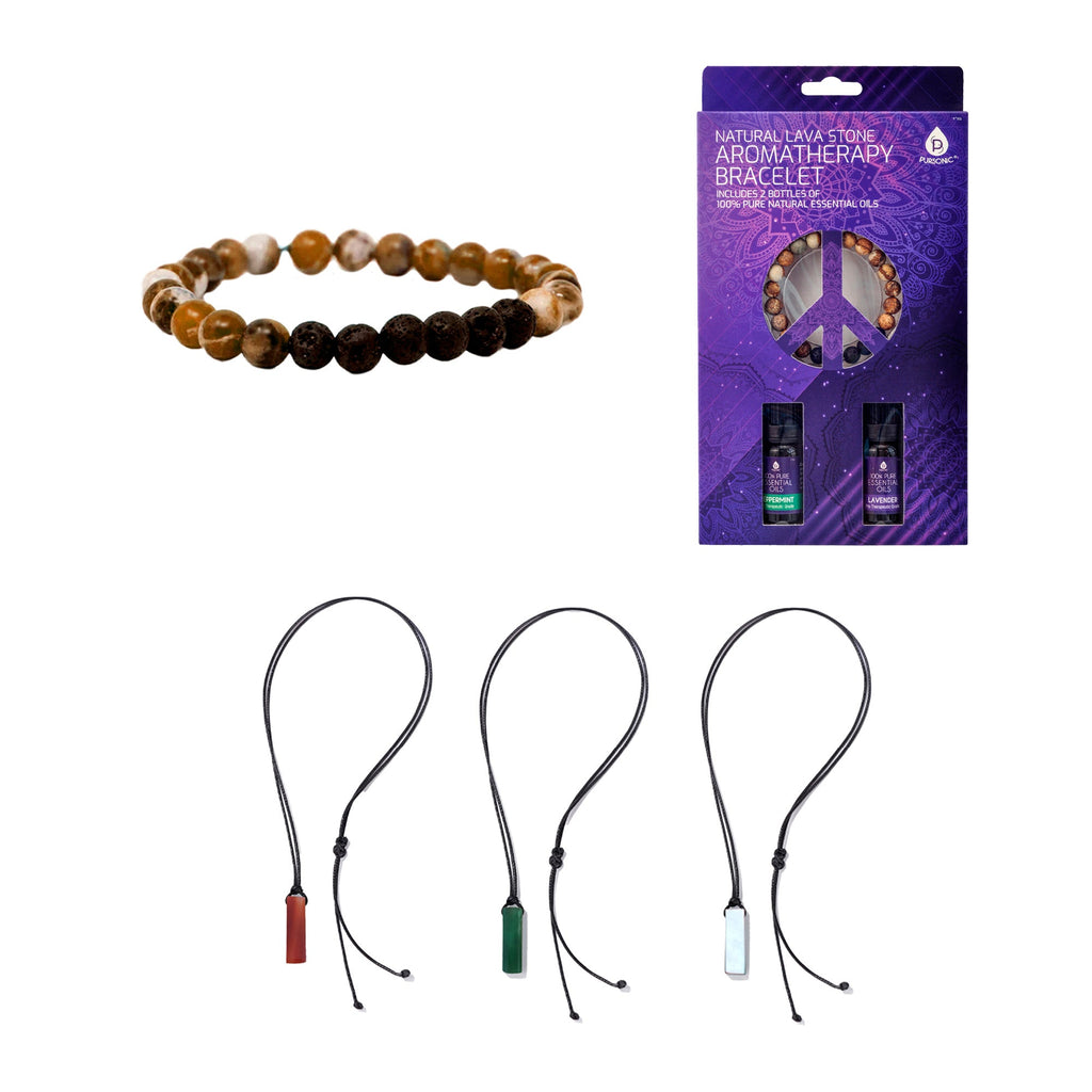 Natural lava stone bracelet, essential oil bottles, and trinity gemstone necklace on a flat surface