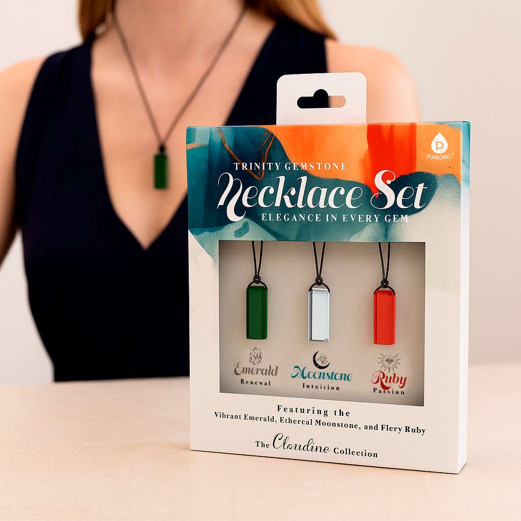 Natural lava stone bracelet, essential oil bottles, and trinity gemstone necklace on a flat surface — view 4