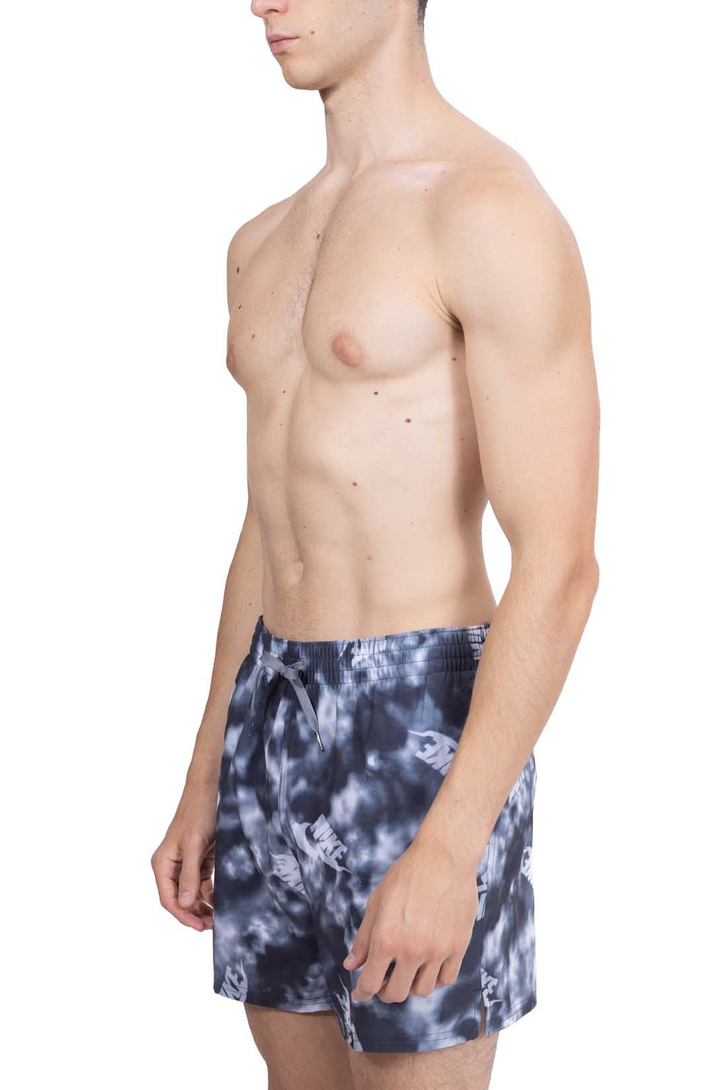 Nike men's grey swim shorts with all-over logo print, elastic waistband, and side pockets. — view 19