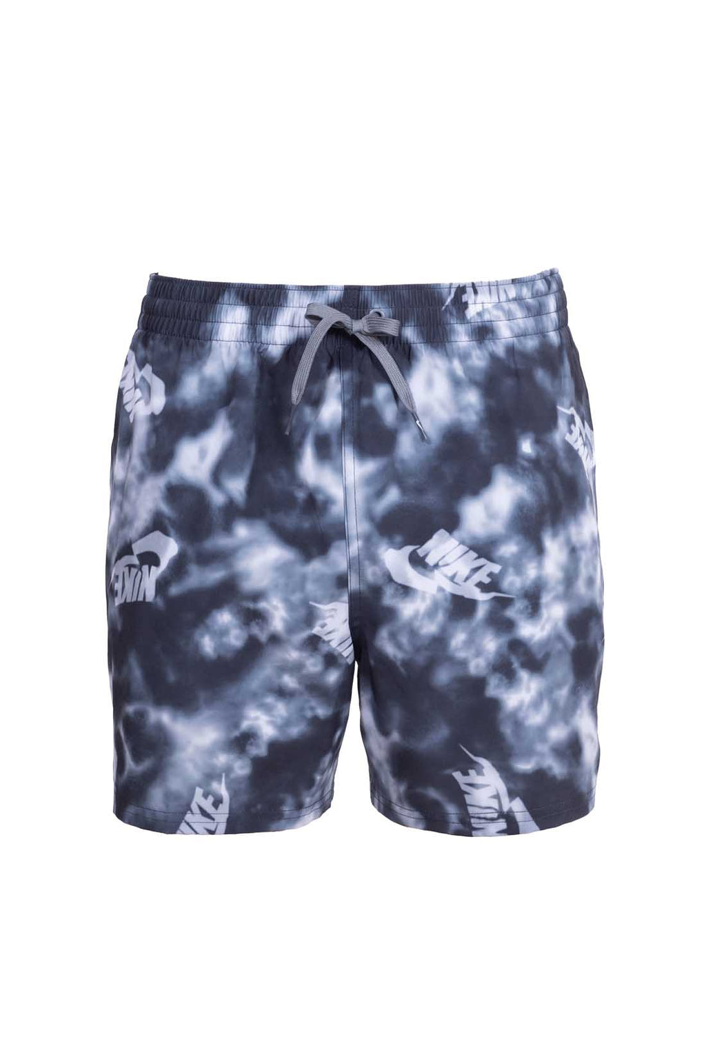 Nike men's grey swim shorts with all-over logo print, elastic waistband, and side pockets. — view 5