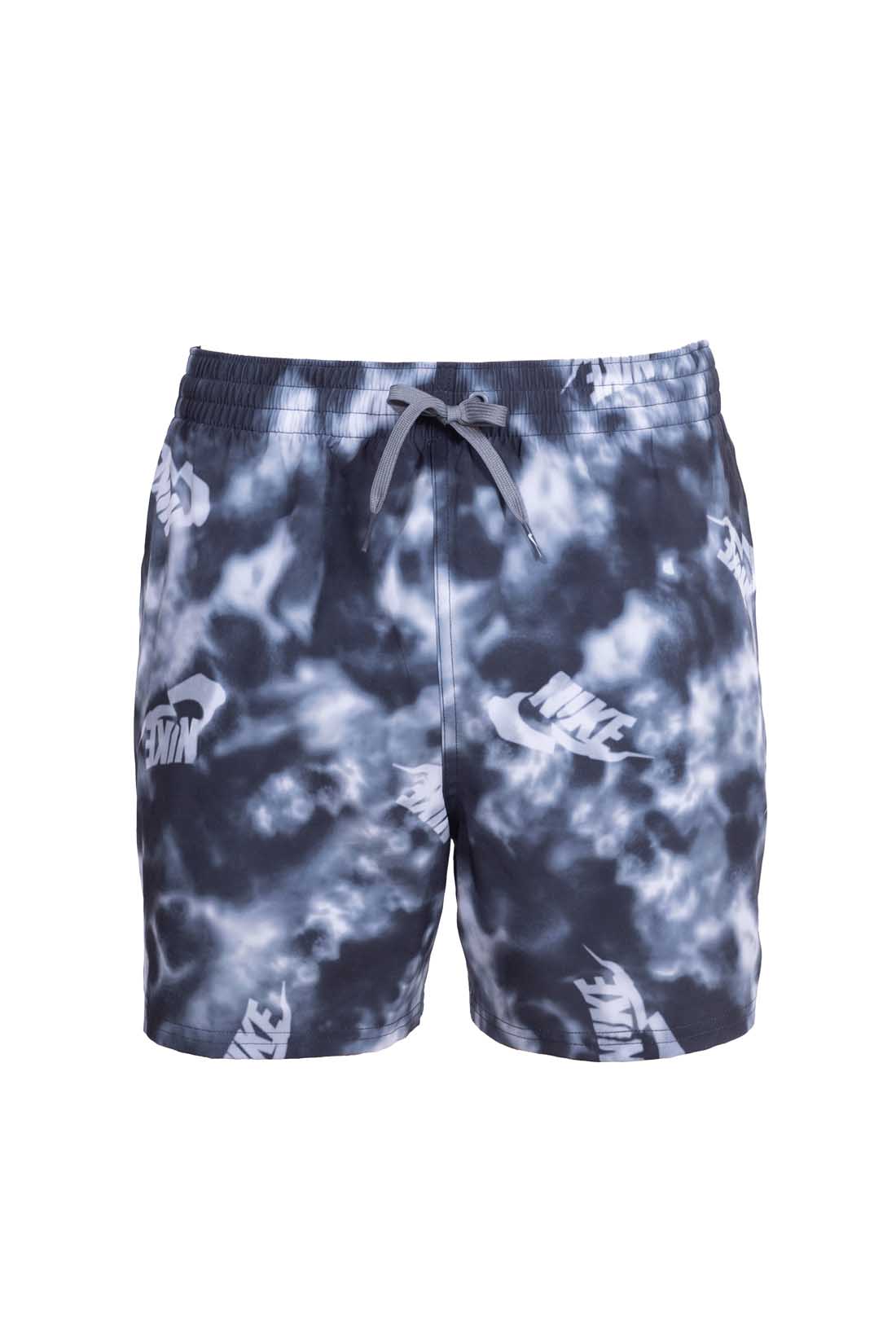 Nike men's grey swim shorts with all-over logo print, elastic waistband, and side pockets. — view 20
