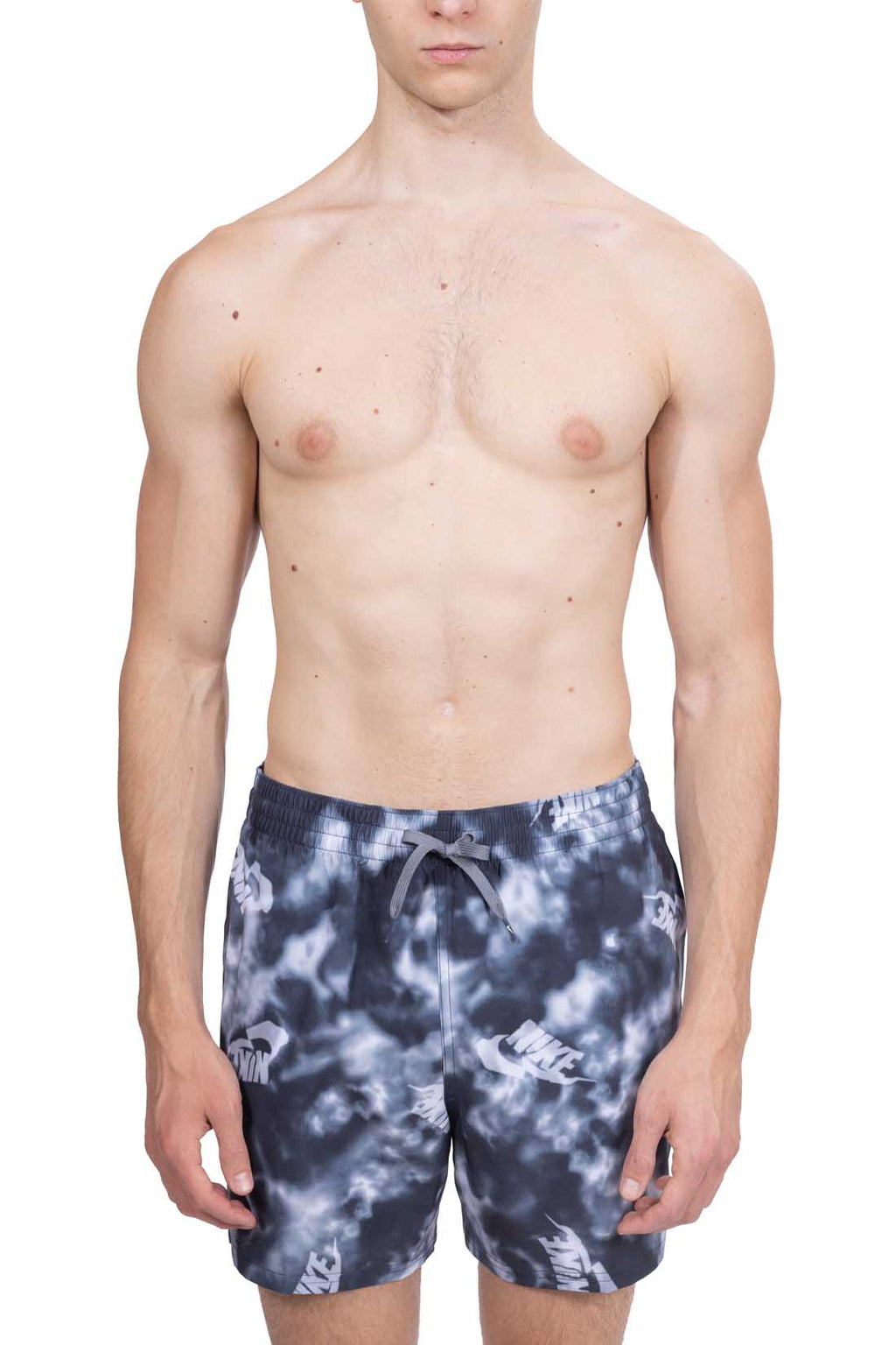 Nike men's grey swim shorts with all-over logo print, elastic waistband, and side pockets. — view 13