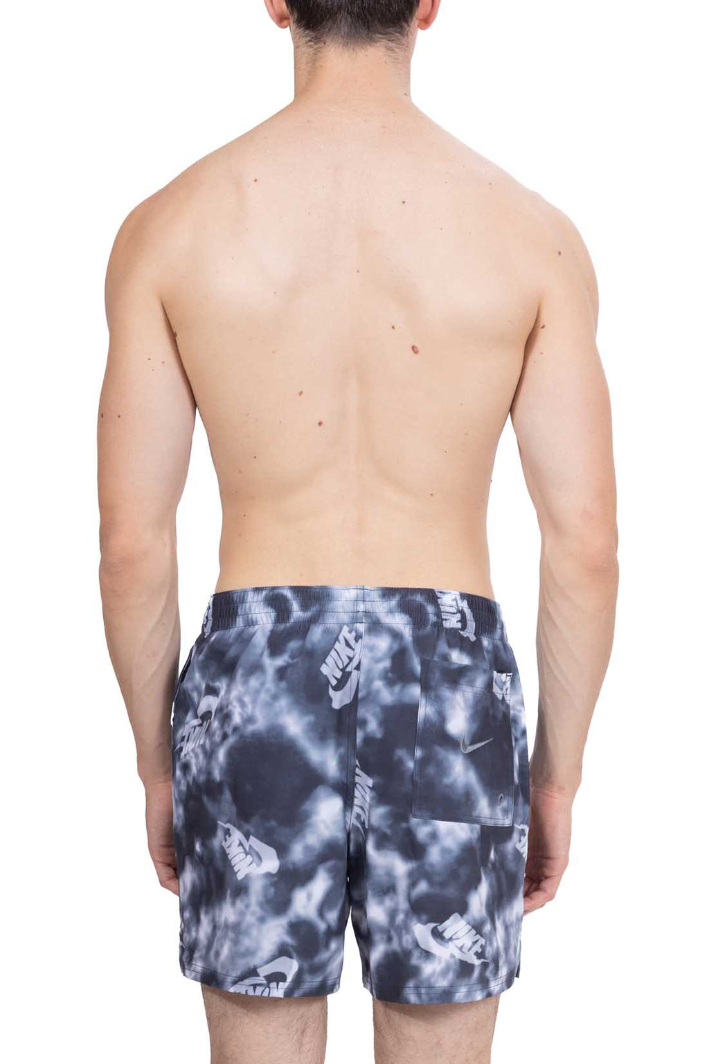 Nike men's grey swim shorts with all-over logo print, elastic waistband, and side pockets. — view 7
