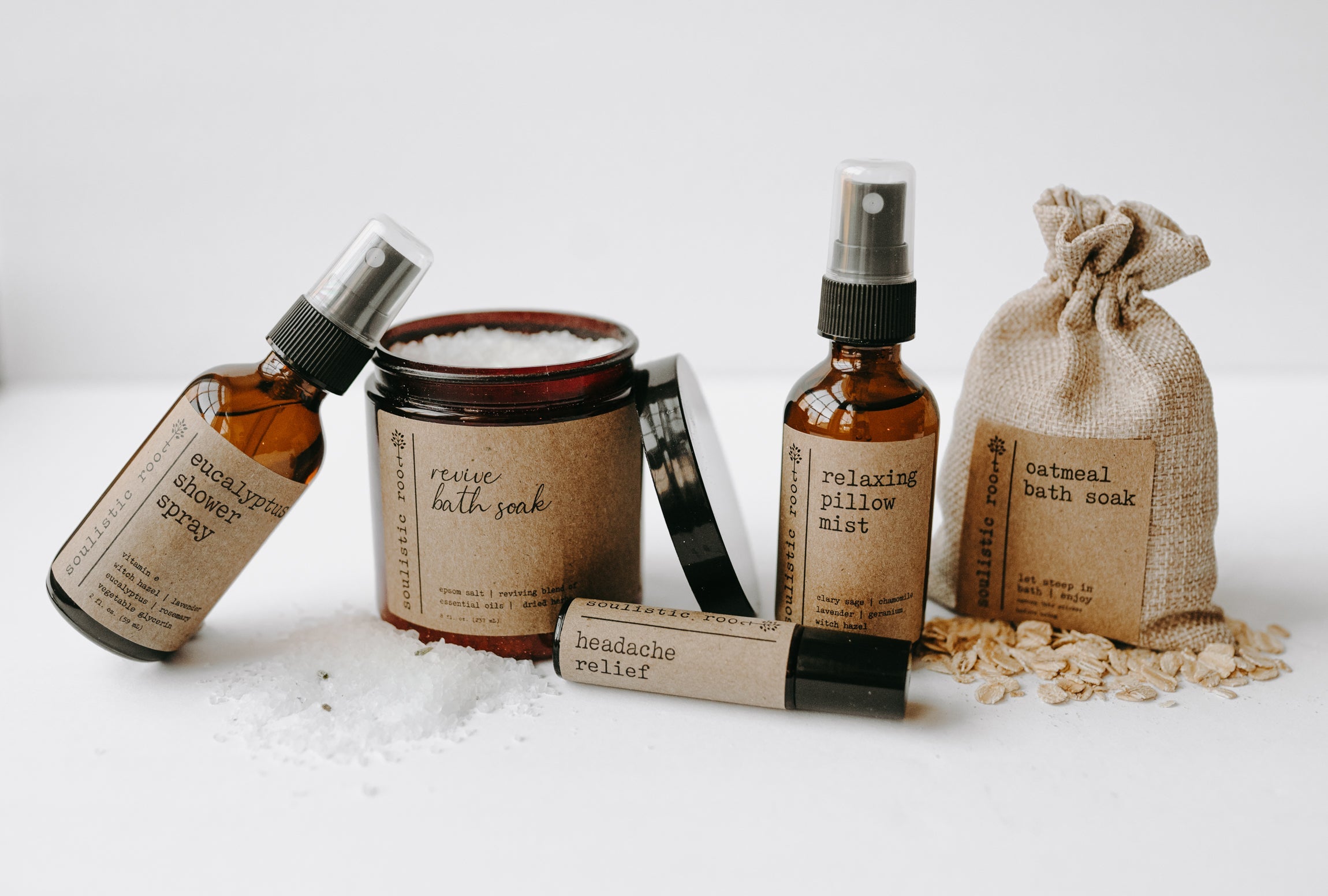 Spa gift set with eucalyptus spray, pillow mist, headache roller, and lavender oatmeal bath soaks — view 2