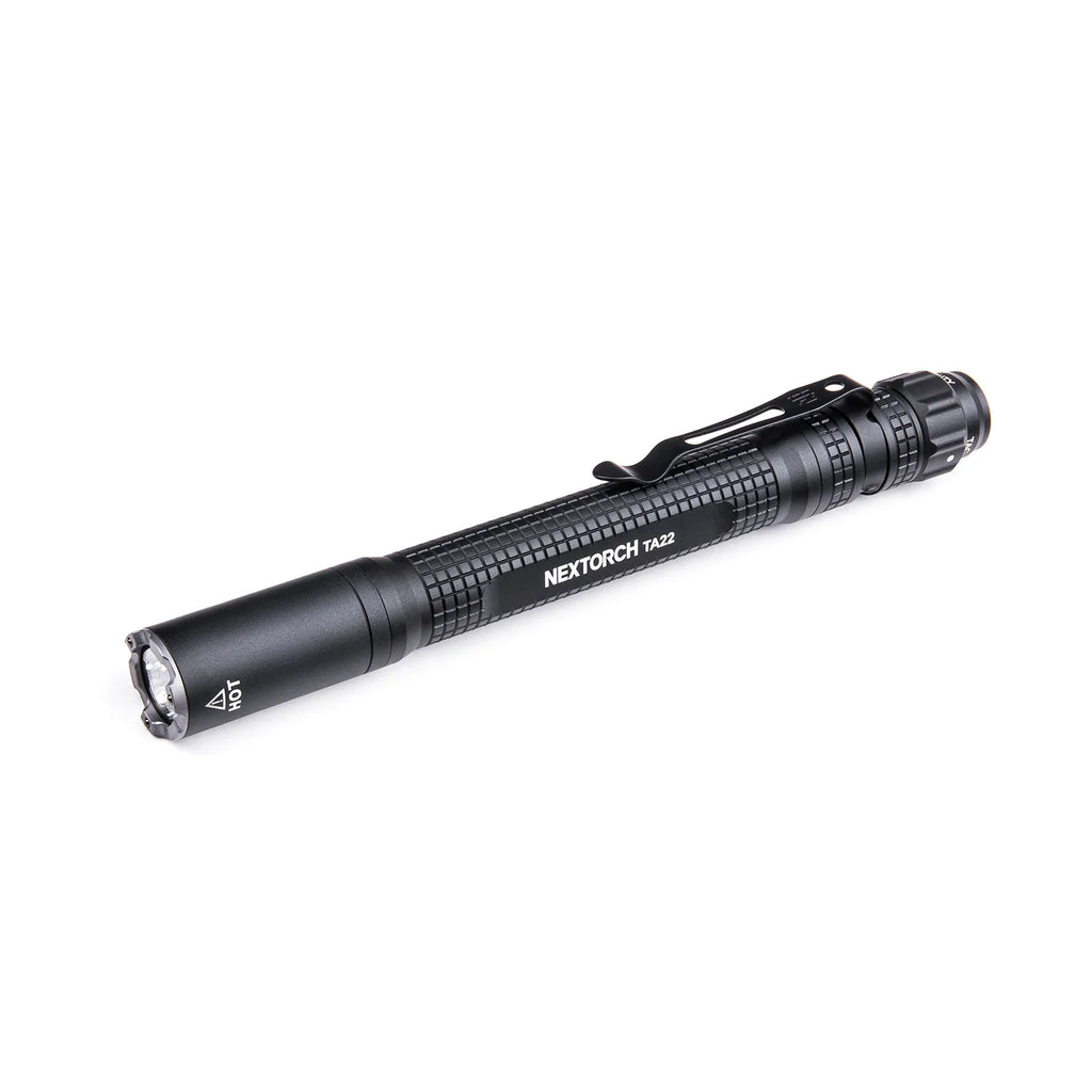 Black NEXTORCH TA22 tactical penlight flashlight with strike bezel and pocket clip