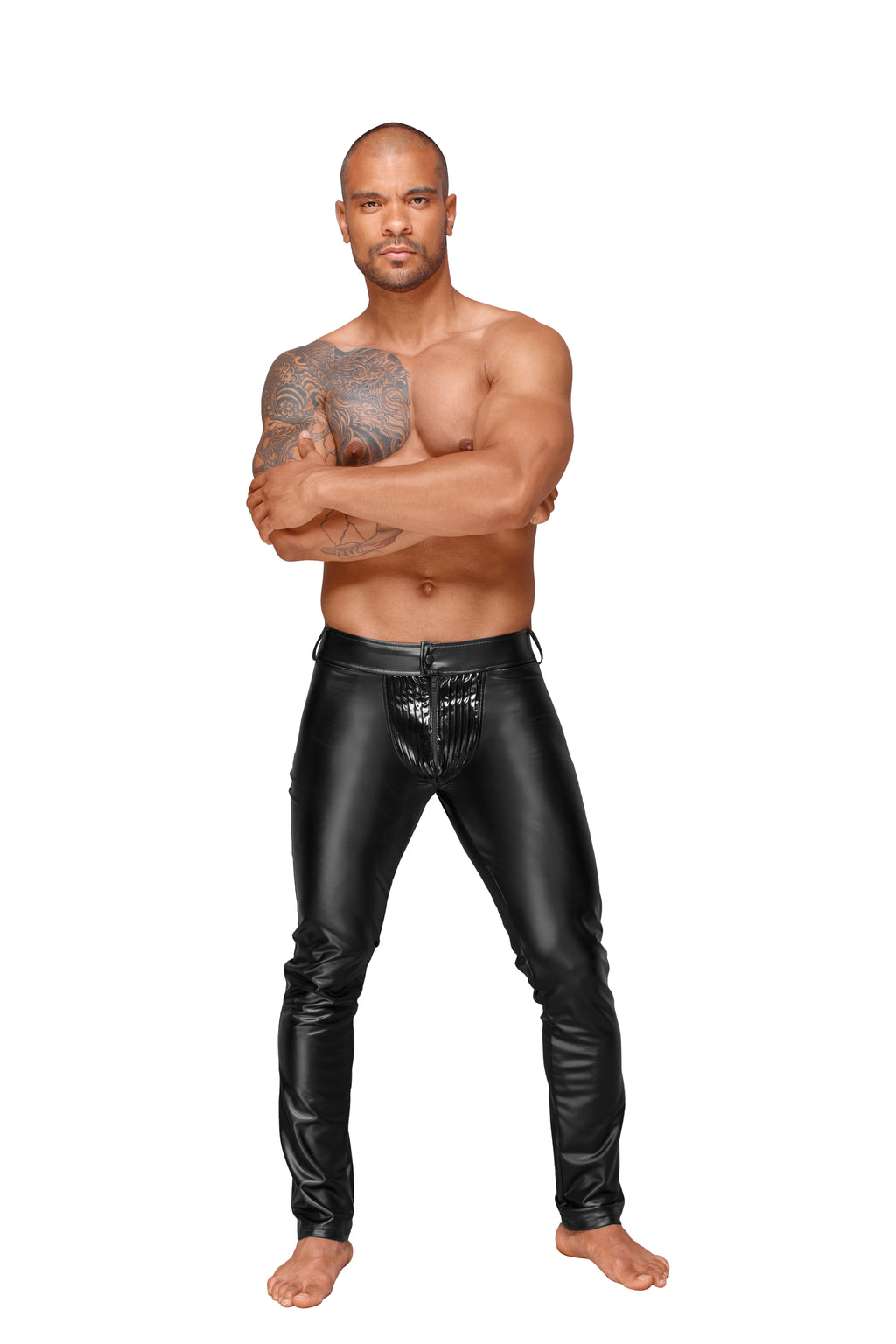 Black high-shine powerwetlook men's trousers with smooth PVC front pleats and back pockets.